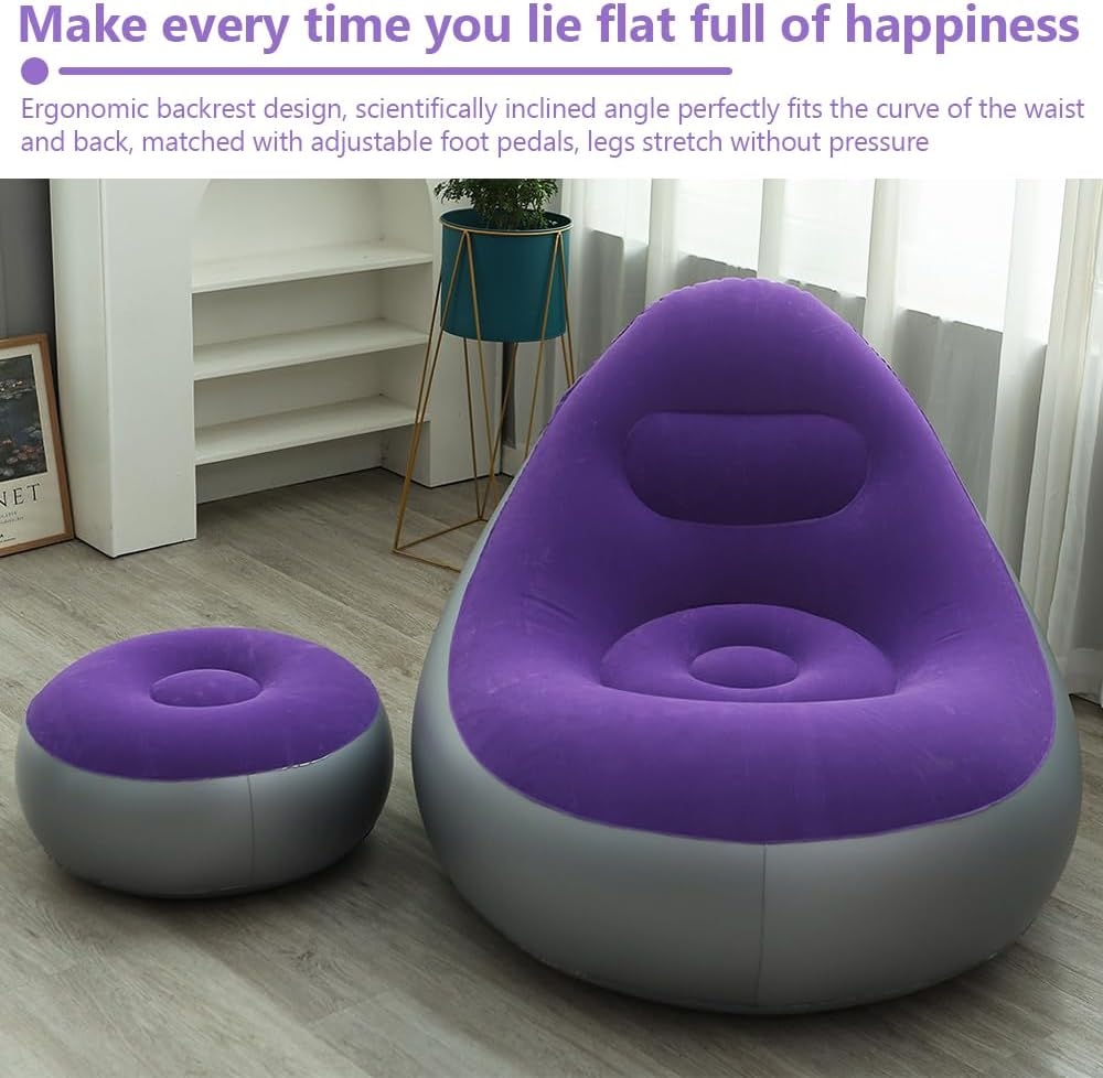 Inflatable Chair with Foot Stool,Inflatable Sofa Chair with Air Pump,Ultra Soft Lazy Sofa,Foldable Couch,Reclining Lounger, for Beach,Party,Living Room (Purple) image number 6