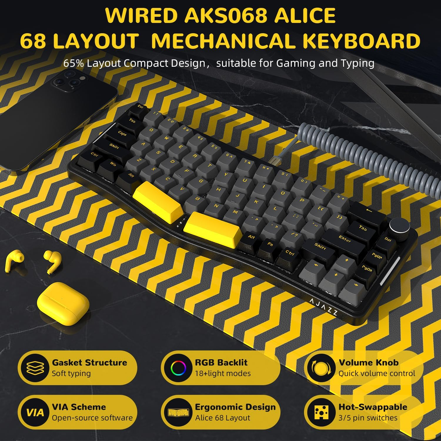 AKS068 65% Wired Mechanical Gaming Keyboard with Coiled Cable, 68-Key Alice-Layout Mechanical Keyboard, RGB Hot Swappable Red Switches VIA/QMK Programmable Knob Gasket Mount for Win/Mac (Black) image number 3