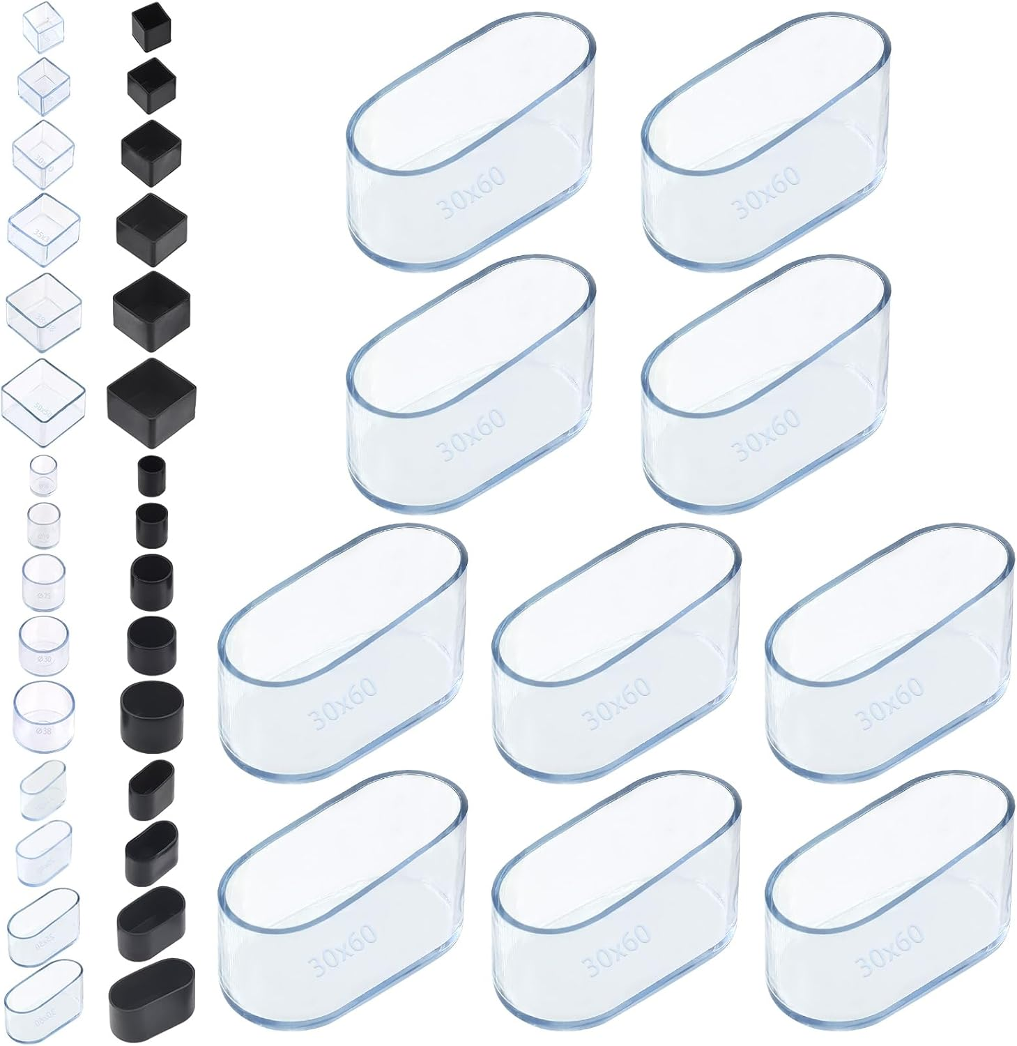 20Pcs 15Mmx30Mm Clear Oval Rubber Furniture Leg Caps Assortment Kit Anti-Slip Chair Leg Caps Furniture Floor Protectors Chair Leg Covers Chair Leg Foot Cover Feet Pads for Chair Table Sofa