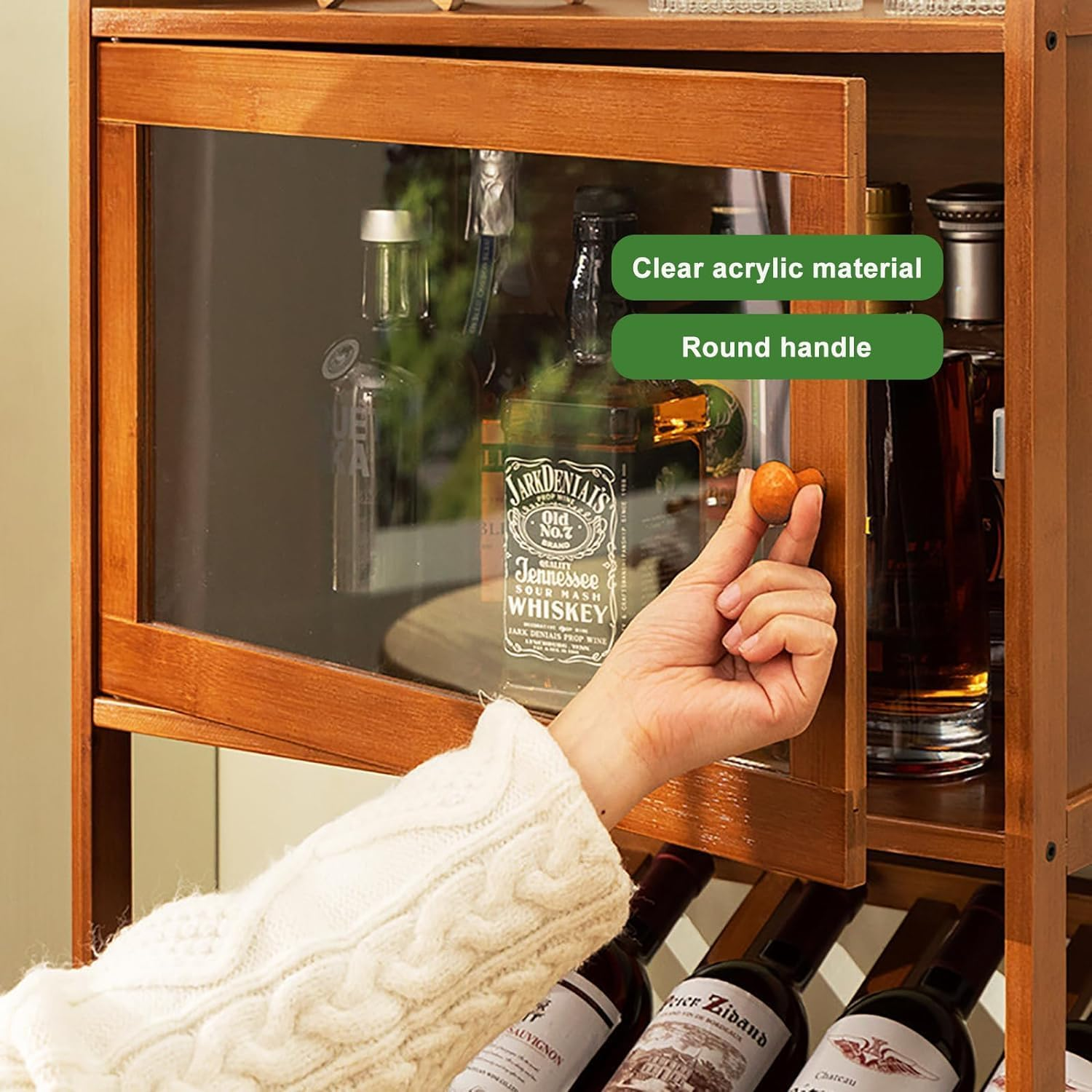 MOMOGEE Bamboo Wine Rack Cabinet 10 Bottles Freestanding Wine Glass Champagne Holder with Door Liquor Storage Display Stand for Living Room Bar Kitchen