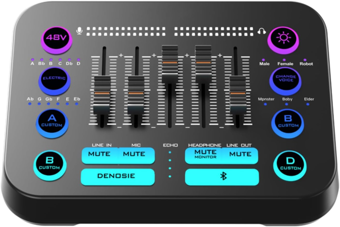 Gaming Audio Mixer, Streaming RGB PC Mixer, with 48V Phantom Power, BT, Individual Control, Volume Fader, Mute Button, for Podcast, Recording image number 4