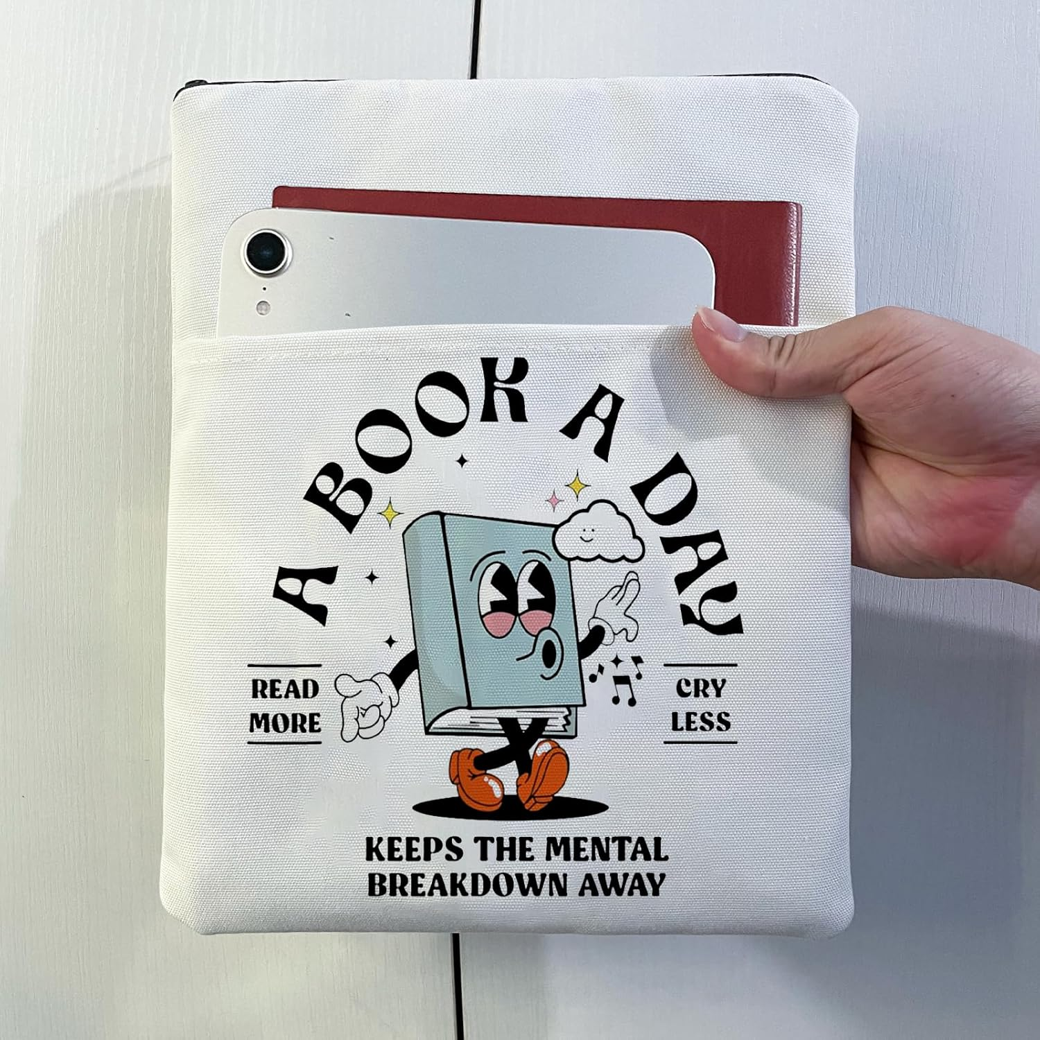 Book Cover for Bookish Book Sleeve for Bookworm Book Lover Gift (Read More White, Medium)