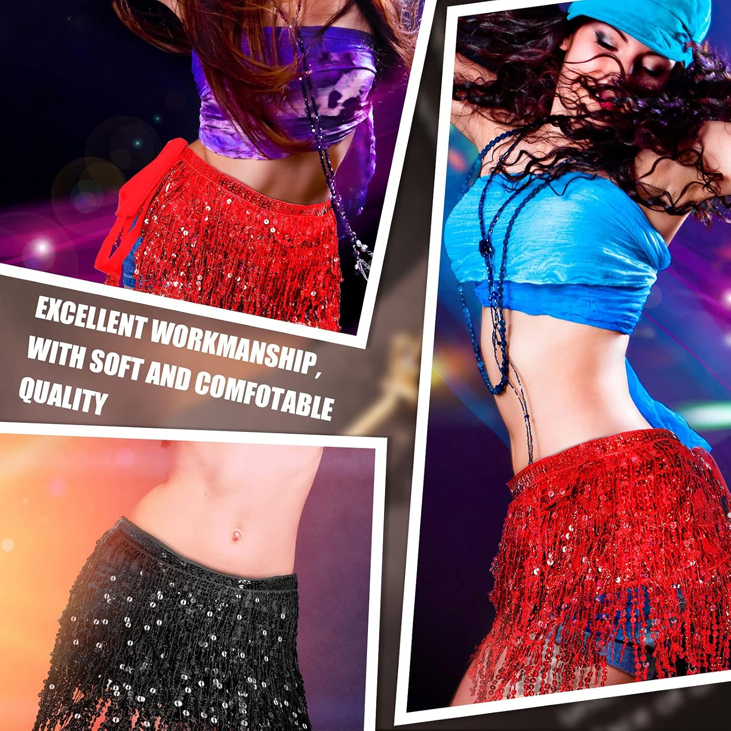 Sequin Fringe Skirts Belly Dance Skirt Festival Tassel Skirt Hip Scarf Wrap Outfit Costumes for Women and Girls image number 3