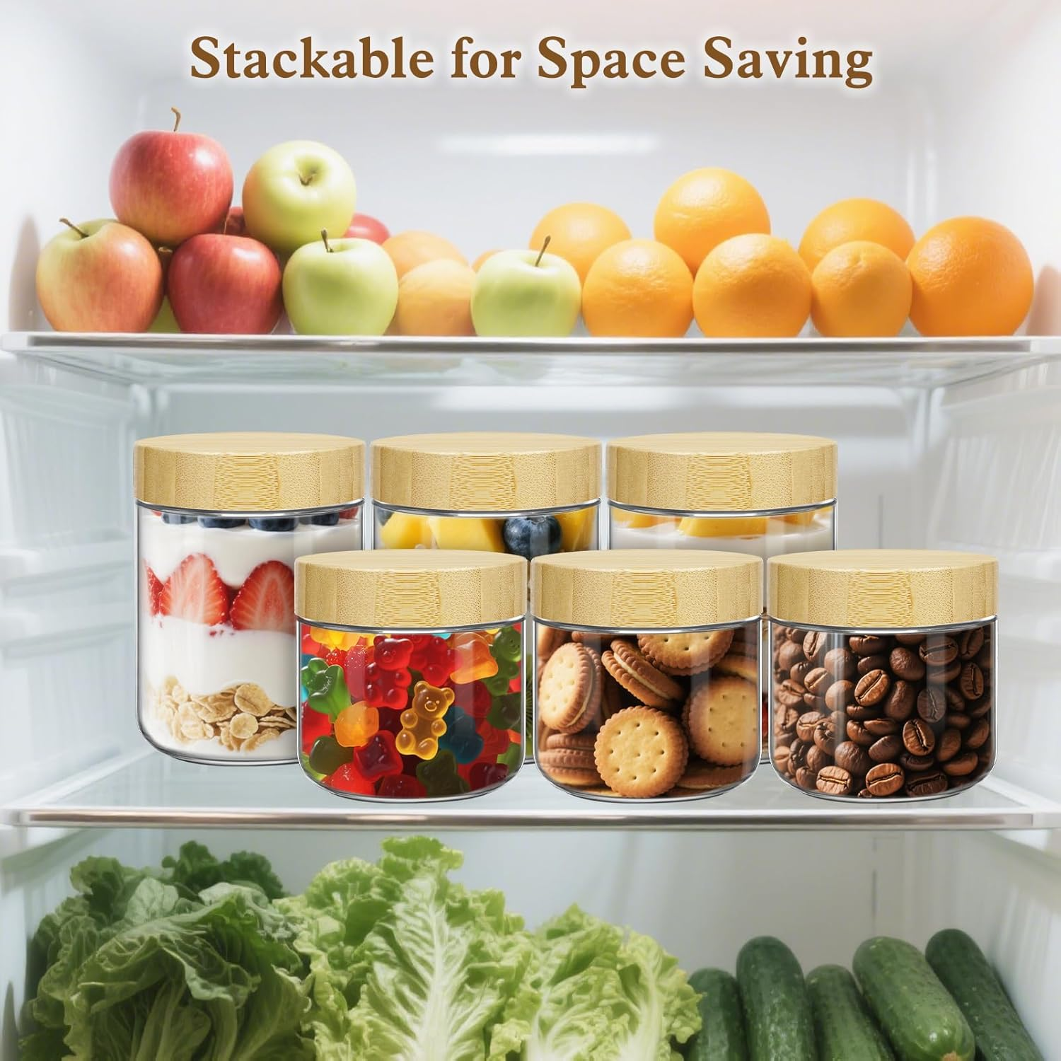 UHAPEER 10 & 16 Oz Overnight Oats Containers with Bamboo Lids 6 Pack: Airtight Glass Storage Jars Wide Mouth Mason Jars for Breakfast Meal Prep Salad Chia Puddirg Snacks Yogurt Sugar Spice Cereal image number 4