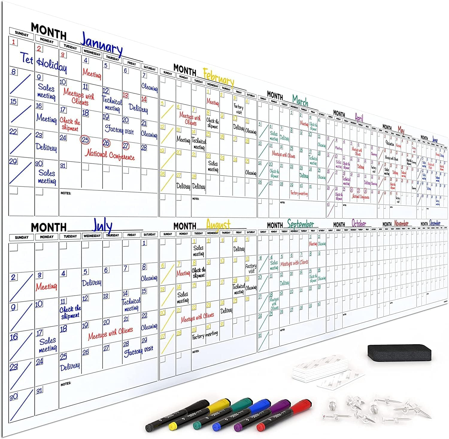 Extra Large 100"X36" White Board Calendar Dry Erase Calendar for Wall 12 Month Planner Big Dry Erase Wall Calendar 2023 Monthly Large Wall Calendar Includes 6 Markers Eraser Push Pins & Mounting Tape