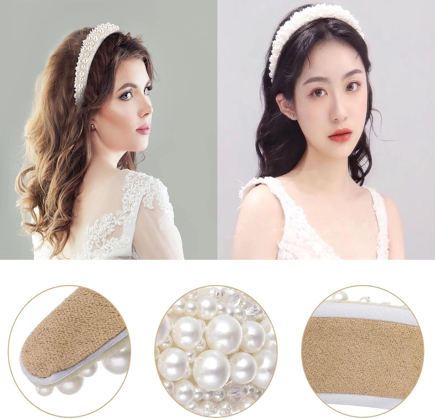 Women'S Pearl Headband, White Pearl Headband Dirndl, Wide Elegant Braided Headband Glitter, Hair Hoop Women'S Velvet Bridal Hair Bands Hair Accessories Wedding Hairstyles Accessories image number 2