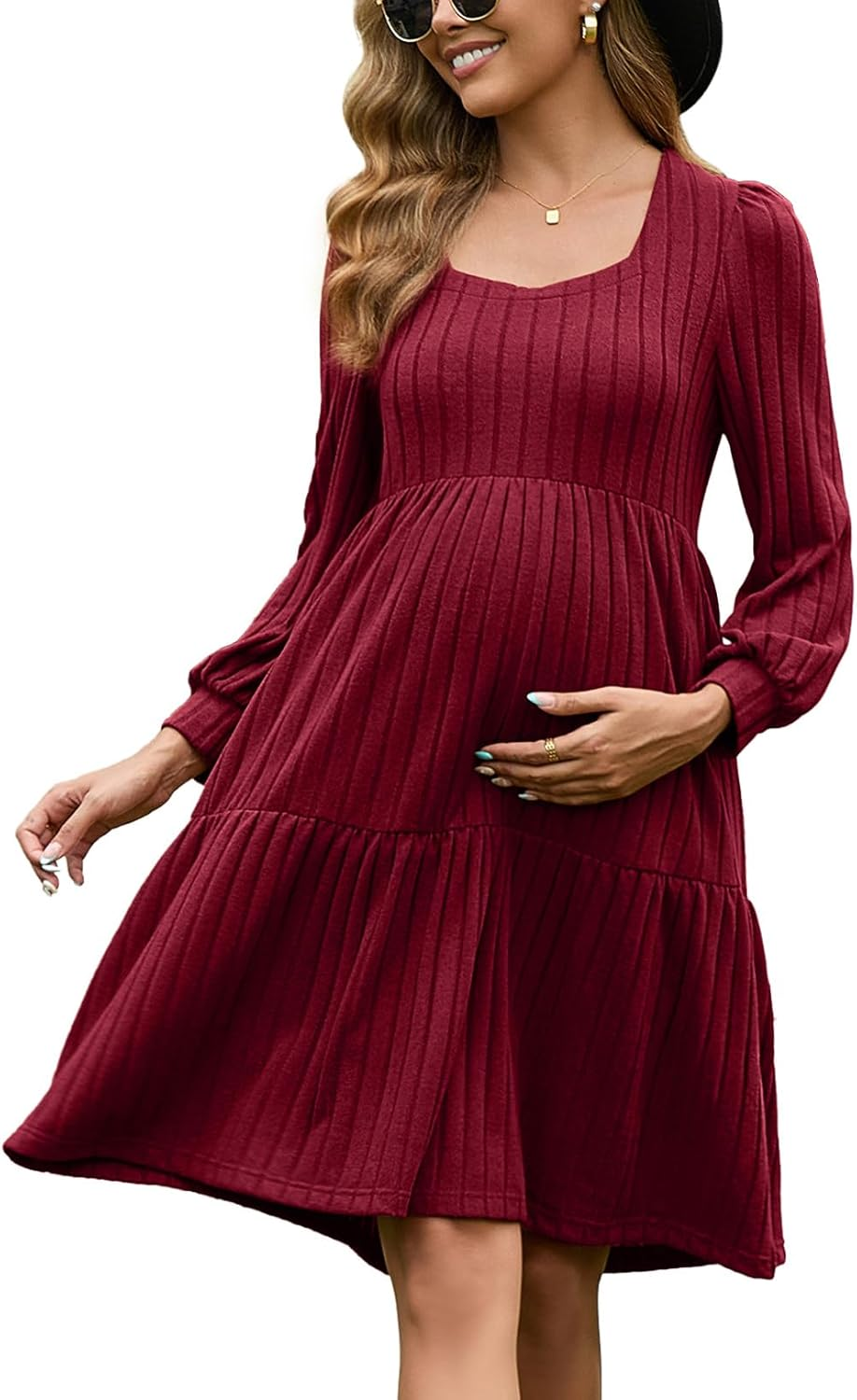 GINKANA Womens Maternity Sweater Dress Square Neck Long Sleeve Fall Casual Pregnancy Babydoll Knit Dresses with Pocket