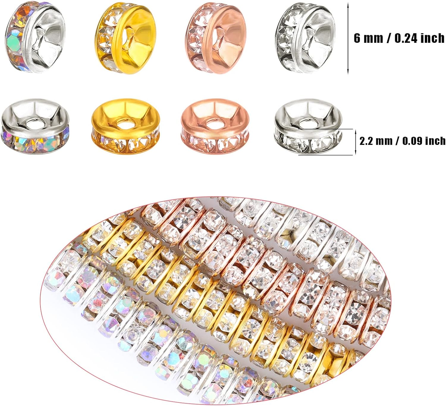 Savita 200Pcs 6Mm Rondelle Beads Precious Stones Crystal Loose round Spacer Beads for Bracelet Necklace Jewelry Making Decorations (Silver, Gold, Rose Gold, Laser Colorful)