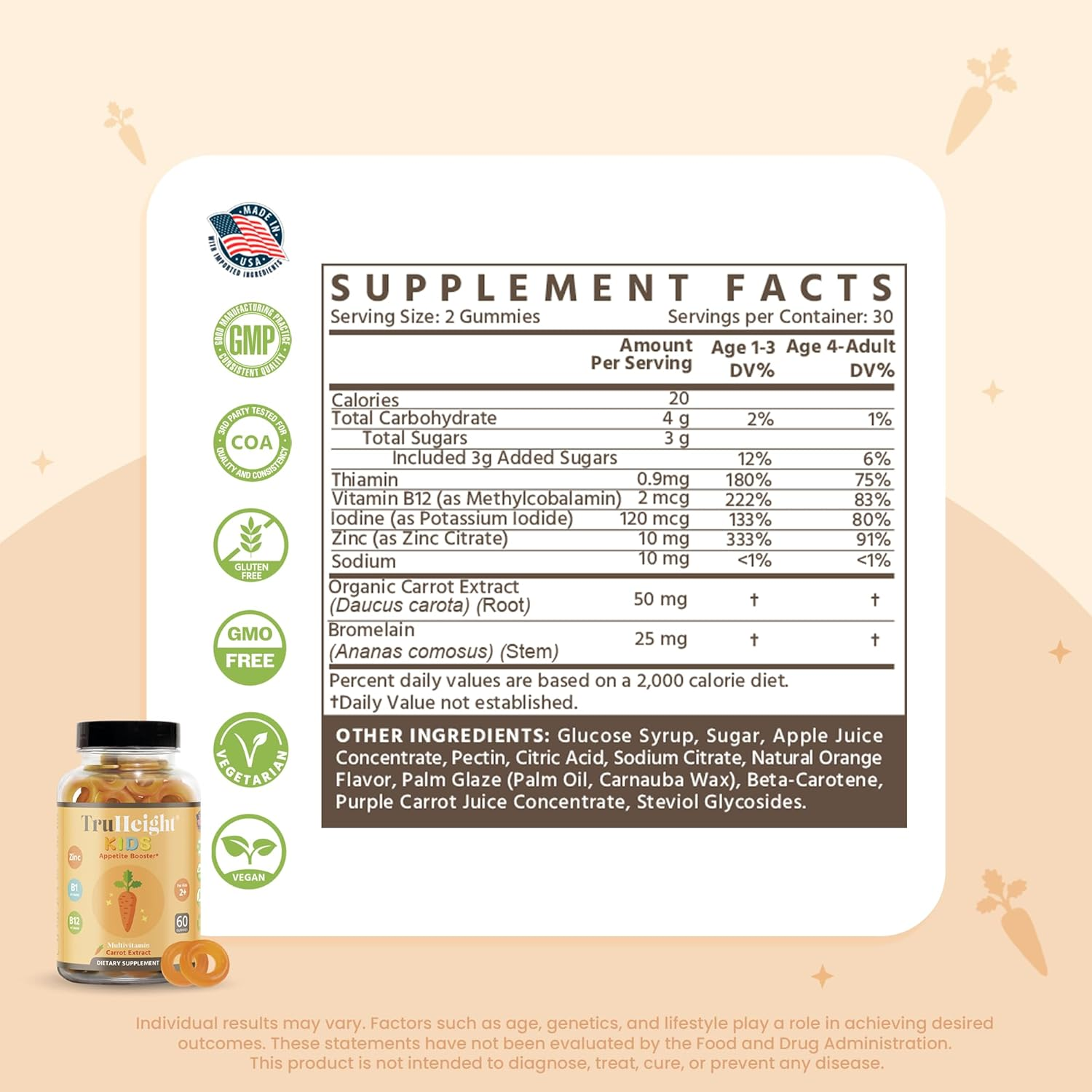 Truheight Kids Appetite Booster Gummies (Ages 2+) All Natural Toddler, Kids & Teens Appetite Stimulant to Eat More - Weight Gain Vitamins - Endorsed by Pediatricians - Vitamin for Underweight Kids image number 3