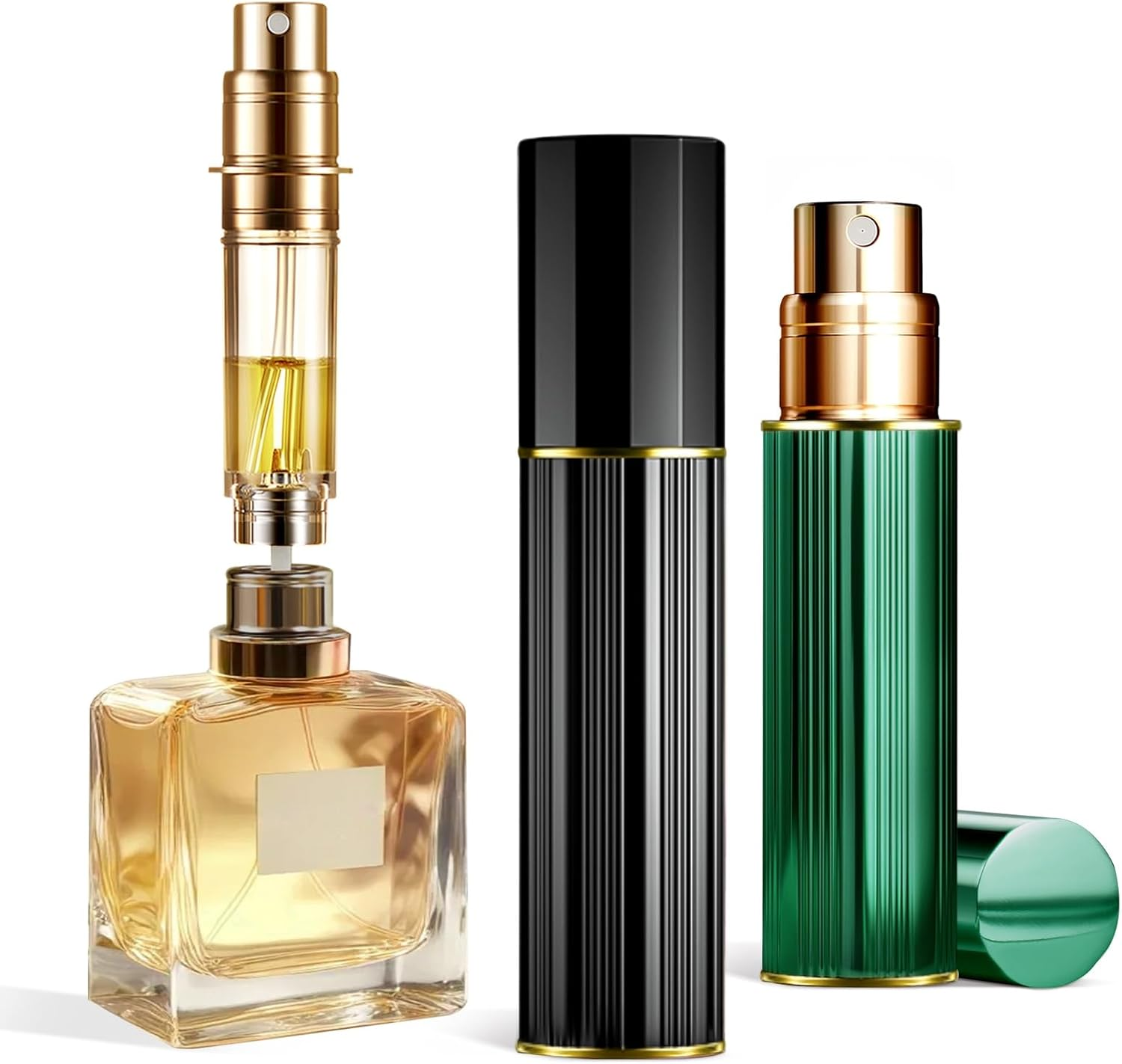 ASADAYS Portable Perfume Atomiser Refillable - 5Ml Empty Travel Spray Bottle, Nano Mist, Bottom Filling Mini Atomizer, Pocket Size Cologne Dispenser for Women and Men (Black & Gold, PA)