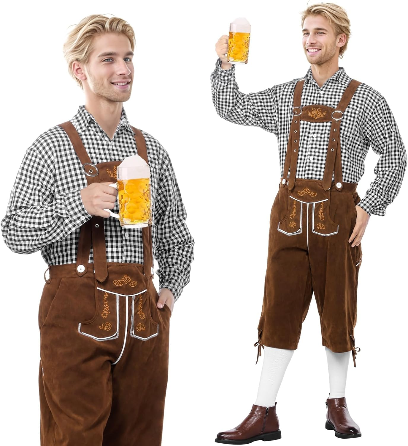 Slowton Oktoberfest Costume for Men - 2PCS Men Lederhosen Set with Suspenders and Shirt Adult German Bavarian Brown Lederhosen Outfits for Halloween Dress up Party Beer Festival Costume image number 1
