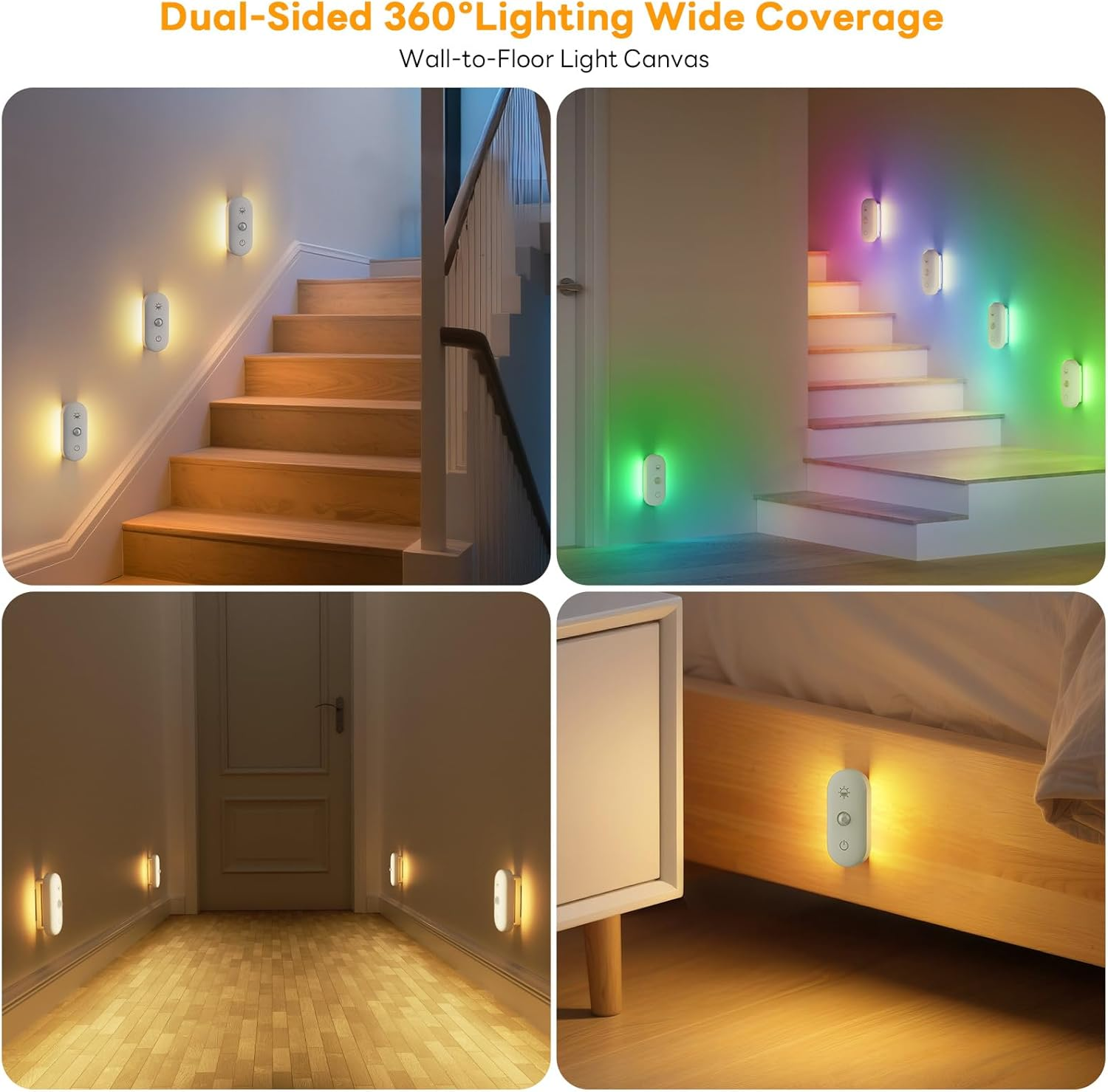 Hiromeco Rechargeable Night Light for Stair: Motion Sensor with 1800Mah Battery for 90-Nights Navigation - 3000K+RGB for Hallway Stair Safety 6-Pack image number 1