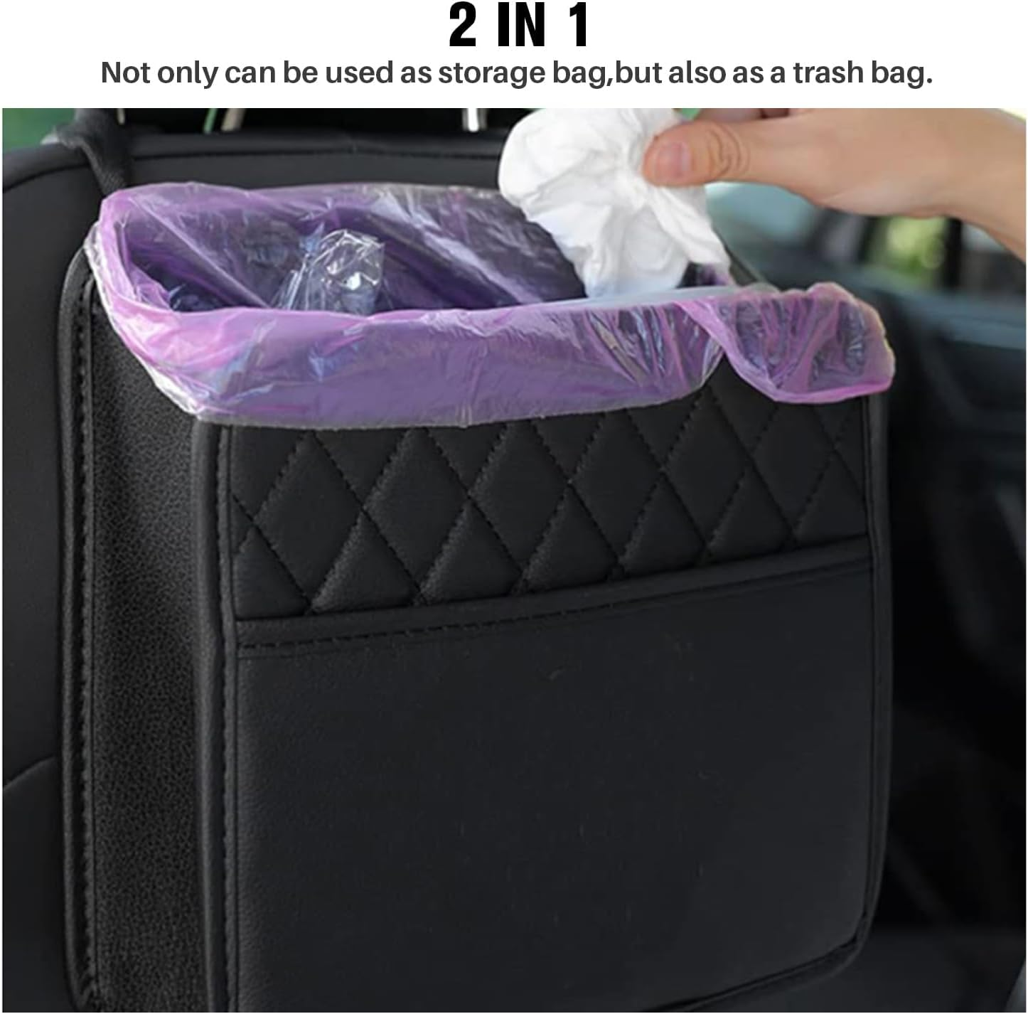 2 Pack Car Backseat Organizer with 60 Trash Bags, Car Seat Back Hanging Storage Bag Handbag Document Holder Universal Multi Pocket Storage Box Organizers Tidy Pouch for Ipad,Bottle,Books,Tissues,Snack image number 2