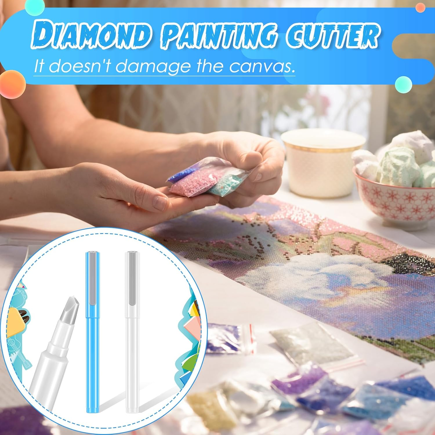 2 Pcs DIY Diamond Painting Parchment Paper Cutter Precision Craft Ceramic Blade Knife Pen for Cutting Paper Art with Replaceable Blade (Blue, White) image number 5