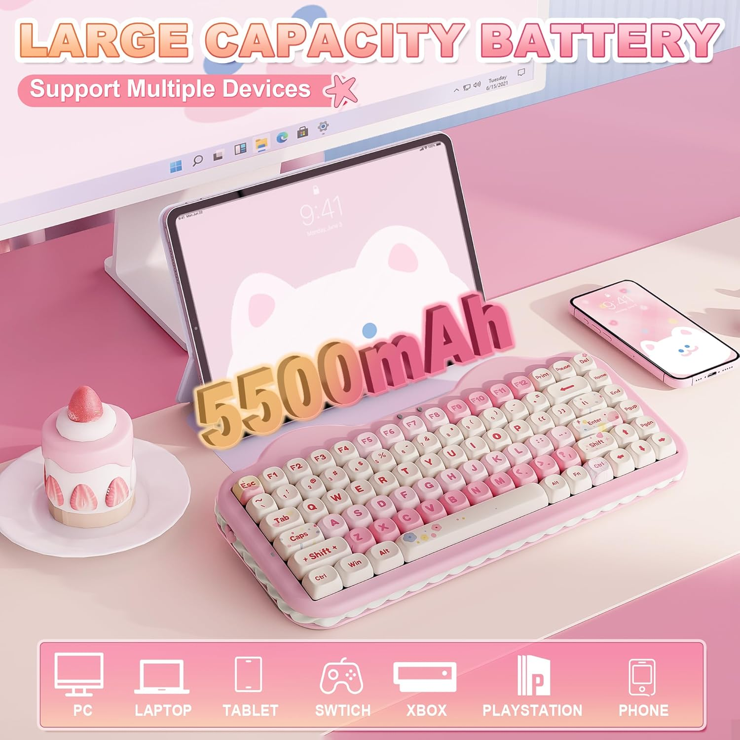 YUNZII C75 Wireless Mechanical Keyboard, 75% Layout Hot Swappable Creamy Keyboard NKRO, PBT MOA Keycaps RGB Backlit Gasket Mount,Cake Design BT5.0/2.4G/USB-C for Win/Mac/Gaming (Pink, Milk V2 Switch)
