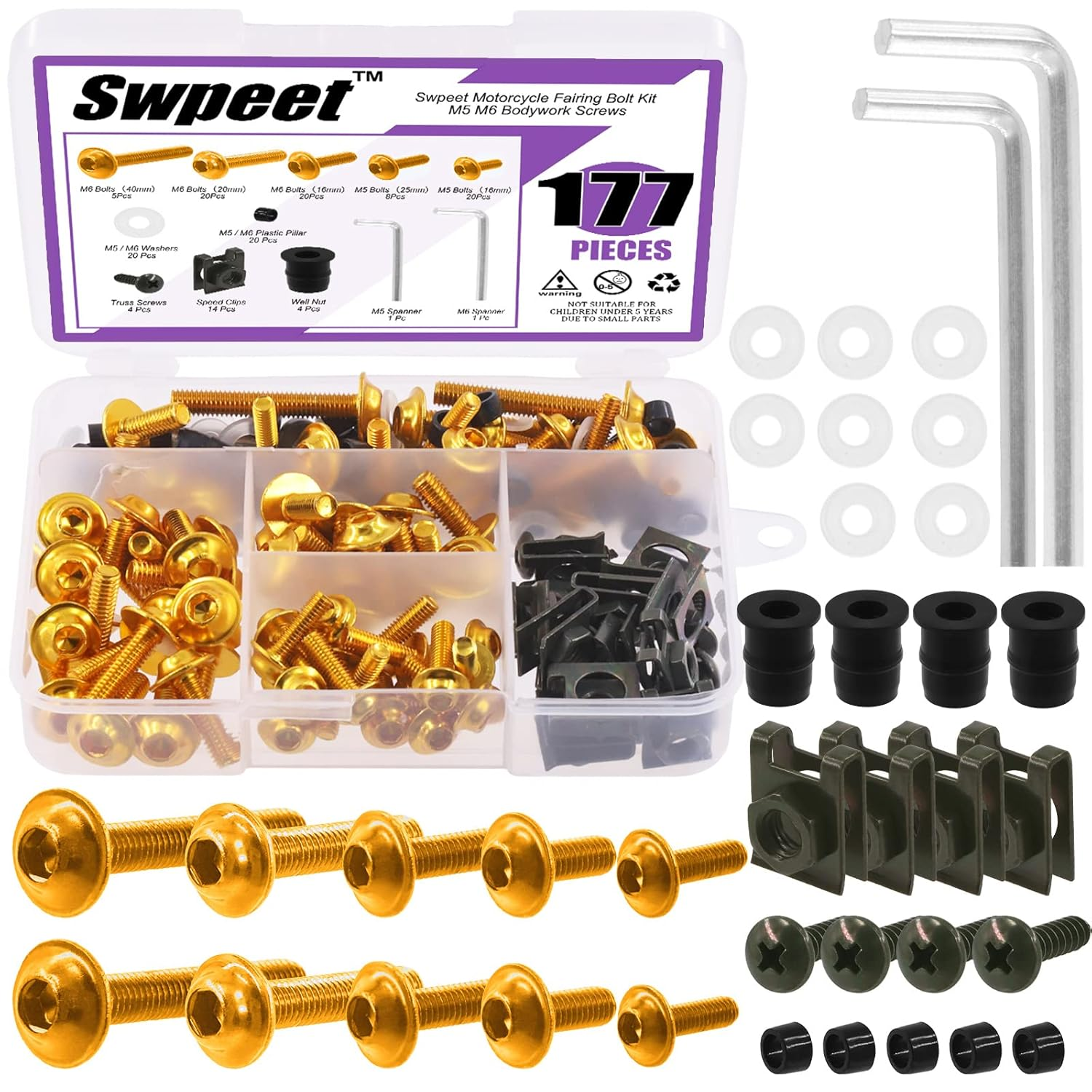 Swpeet 177Pcs 2 Sizes M5 M6 Motorcycle Fairing Bolt Assortment Kit, Motorcycle Windscreen Screws Fasteners Fixing Sportbike Bolts Fairing for All Models & Years Sport Bikes (Black)