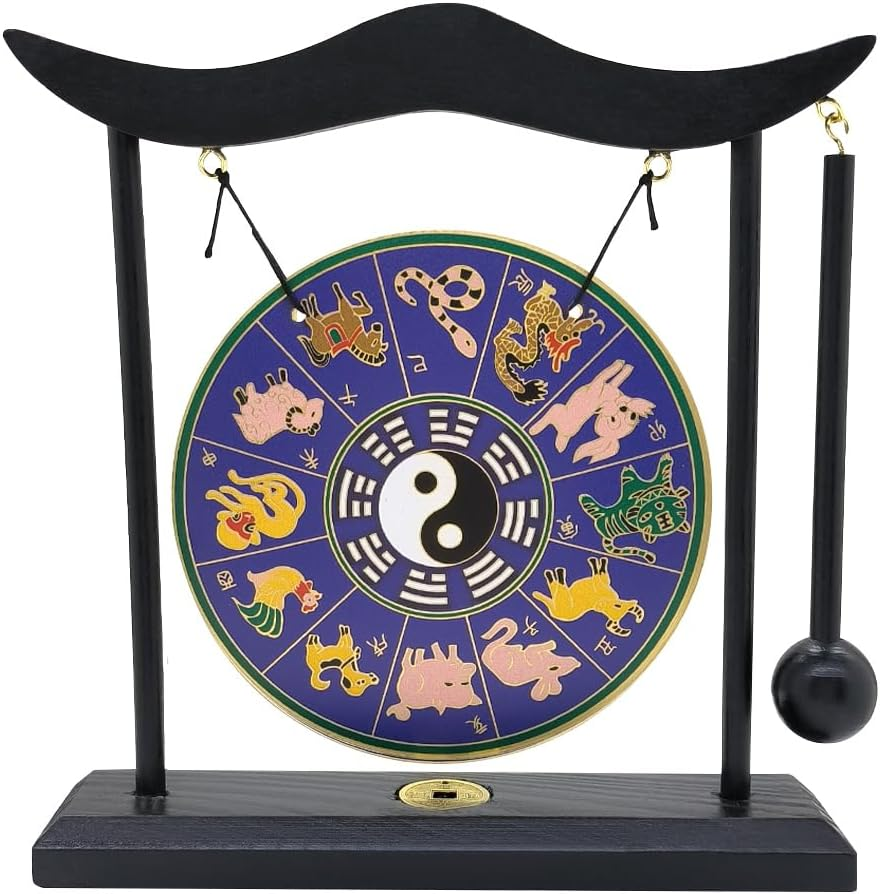 Hooshing Zen Art Brass Feng Shui Desktop Gong with Stand Asian Decor for Home Office Chinese Zodiac Signs
