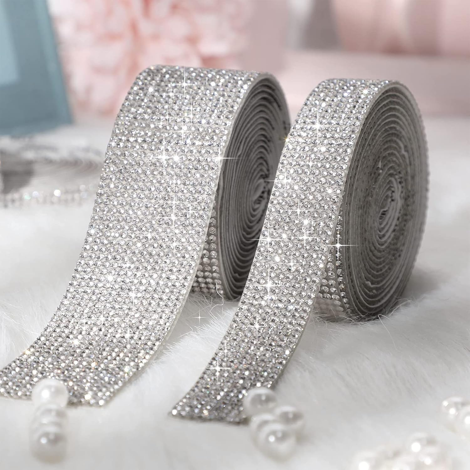 5 Rolls Self Adhesive Crystal Rhinestone Ribbon, Diamond Bling Tape with 2 Mm Rhinestones Sticker for Arts Crafts Wedding Birthday Party DIY Event Car Phone Decoration (White) image number 2
