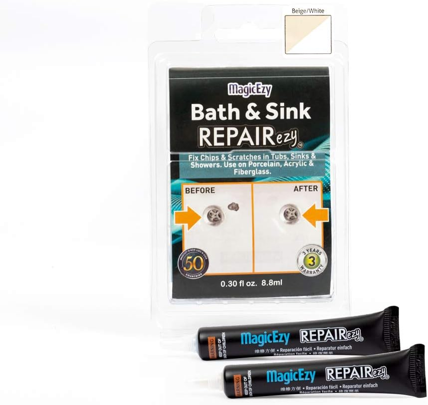 Magicezy Bath & Sink Repairezy (Beige/White) - Tub Repair Kit | Porcelain, Acrylic Tub, Enamel Sink, and Fibreglass Bathtub Repair Kit | Shower Base Refinishing | Chipped Tub Repair