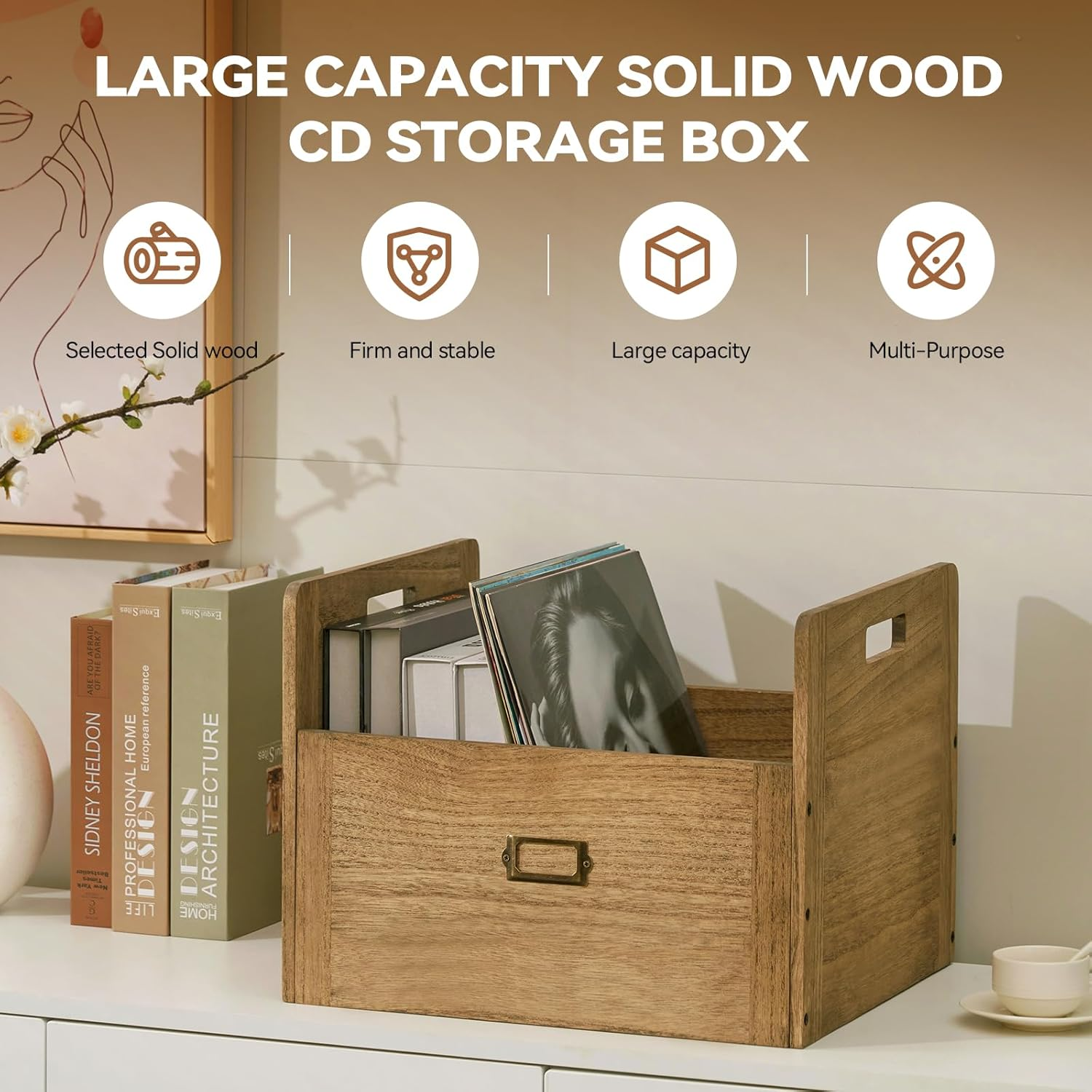 KIRIGEN Vinyl Record Storage Organizer Crate Wooden Storage Organizer Box Hold up to 80 Record and LP Dark Brown CDH-DBR - Dark Brown image number 2