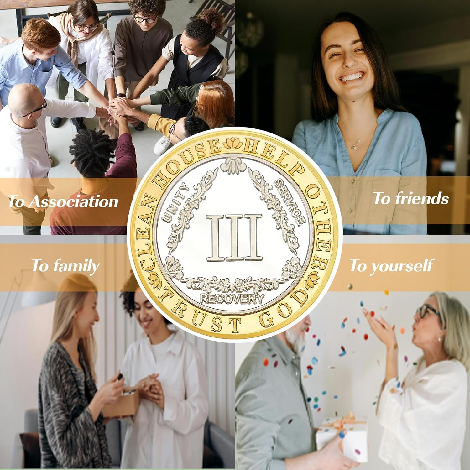 Silver Pattern Triangle 3 Year Sobriety Coin- Affirmation Sober Coin - AA Chips and Medallions &ndash; Addiction Recovery AA Coins &ndash; Narcotics Alcoholics Anonymous Sobriety Gifts for Women Men image number 5