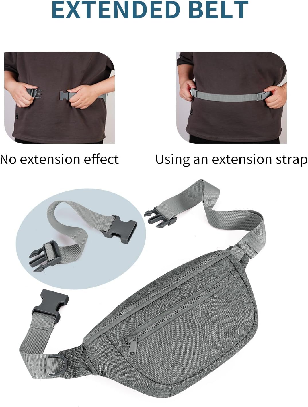 Fanny Pack for Women Men,Waist Bag Pack with Extra Extension Belt, Water Resistant Fashion Crossbody Belt Bags for Travel Walking Running Hiking, Pink Patent Pending, Grey