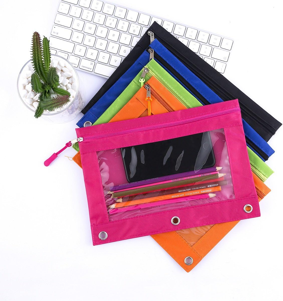 Binder Pencil Pouch with Zipper Pulls, Pencil Case with Rivet Enforced 3 Ring, 5 Pack - Multicolored-10Pack image number 4