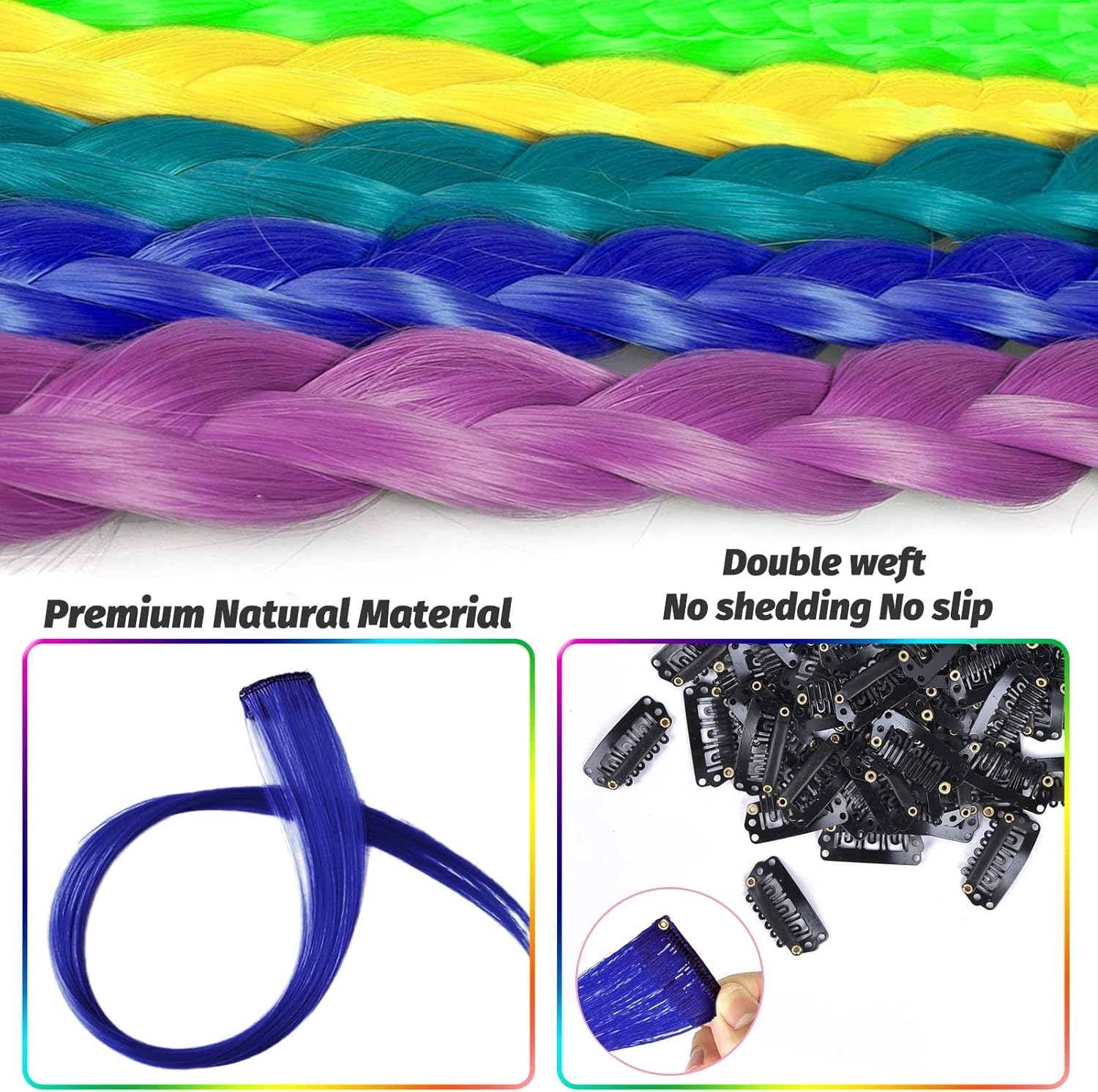 16 Coloured Clip-In Hair Extensions, 22 Inch Colourful Highlights Hairpieces Straight and Long Heat Resistant Synthetic Hair Accessories for Kids Girls Women Party Hair Accessories (16 Pieces-Blue) - Dark Blue image number 2