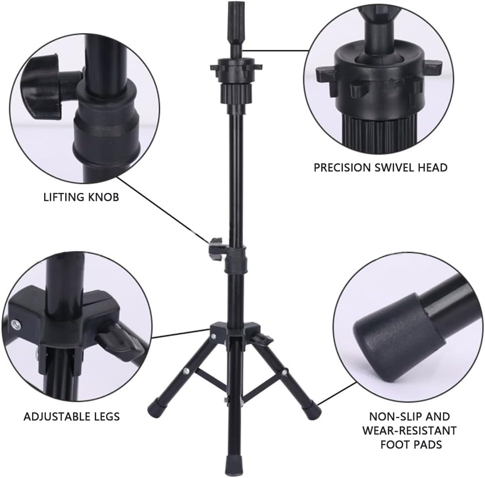 HYAVIA Mini Wig Tripod Stand &ndash; Adjustable Foldable Mannequin Head Holder for Wig, Canvas Block Head Tripod for Cosmetology Hairdressing Training (Black)