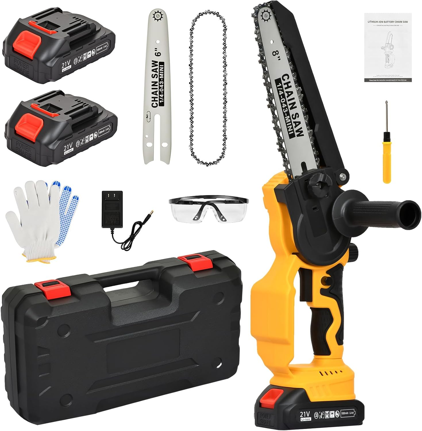 Advwin 6"+8" Mini Chainsaw, Electric Cordless Chain Saw with 2Pcs Batteries, Safety Lock, Portable Handheld Saw Kit for Tree Branches Trimming Wood Cutting Garden Pruning image number 2