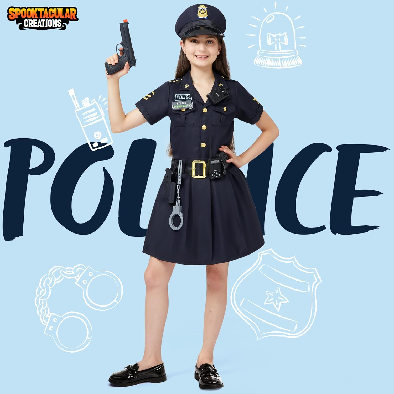Spooktacular Creations Halloween 14PCS Police Costume for Girls, Girls Police Officer Costume with Toys, Kids Cop for Cosplay image number 2