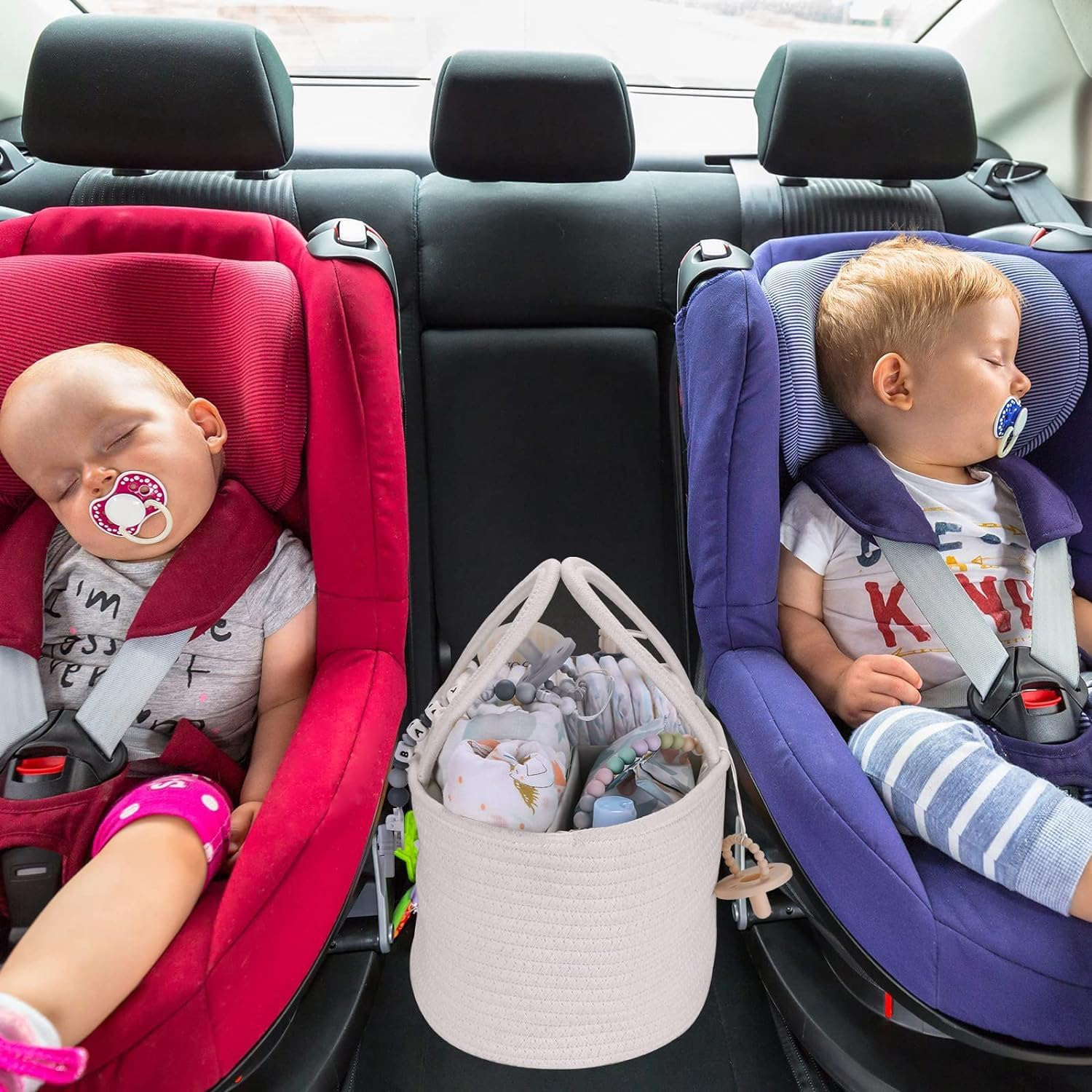 Large Baby Diaper Caddy Organizer for Girl Boy Rope Nursery Storage Bin Basket Portable Holder Tote Bag for Changing Table Car Travel Baby Shower Gifts Newborn (White and Beige) image number 6