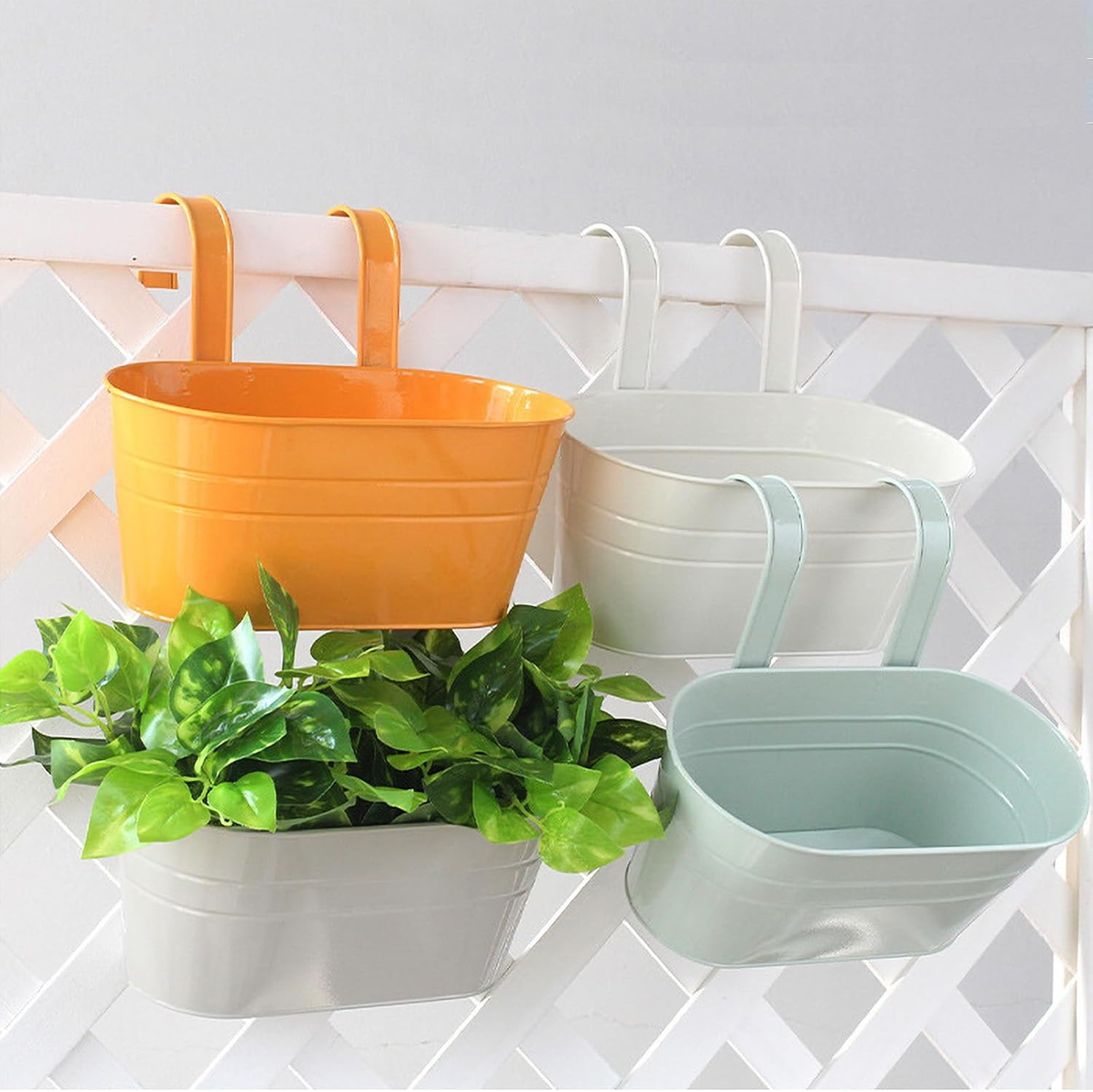 River 2 Pack Metal Iron Hanging Flower Pot, Oval Railing Planter Fence Garden Balcony Planter Hanging Plant Pot Metal Bucket Flower Holders with Detachable Hooks for Outdoor Indoor Home D&eacute;cor(Grey) - Grey image number 5