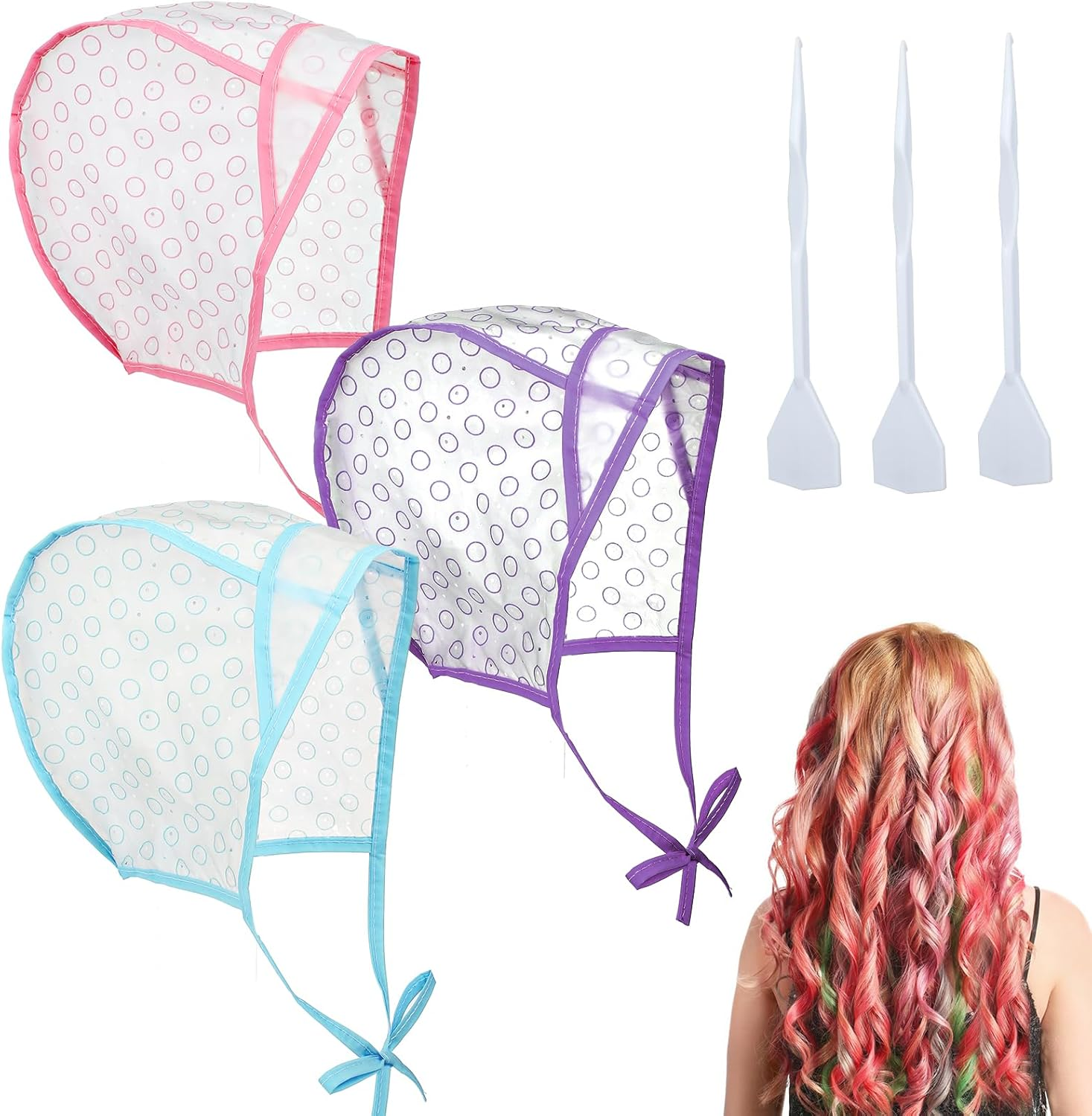 Bewudy Pack of 3 Highlight Caps, Adjustable Colouring Highlighting Cap with Plastic Hooks for Women Girls, Highlight Hair Cap Highlight Cap with Holes for Salon Home Use Hair Dye Centre, Pink, Purple, image number 6