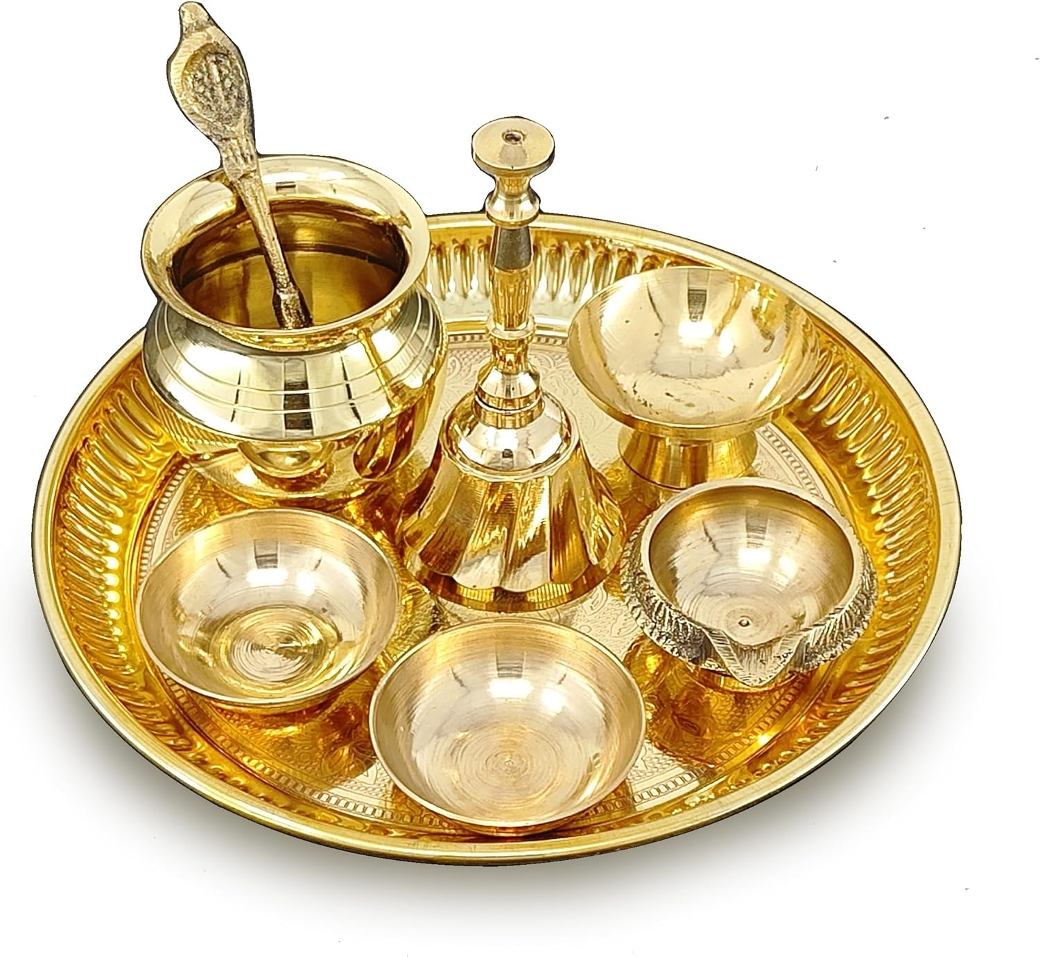 NOBILITY Brass Pooja Thali Set Small 6 Inch Puja Thali with Pital Plate Chandan Wati Kalash Kuber Diya Ghanti Palli Arti Thali for Diwali Home Office Mandir Wedding Return Gift Items image number 1