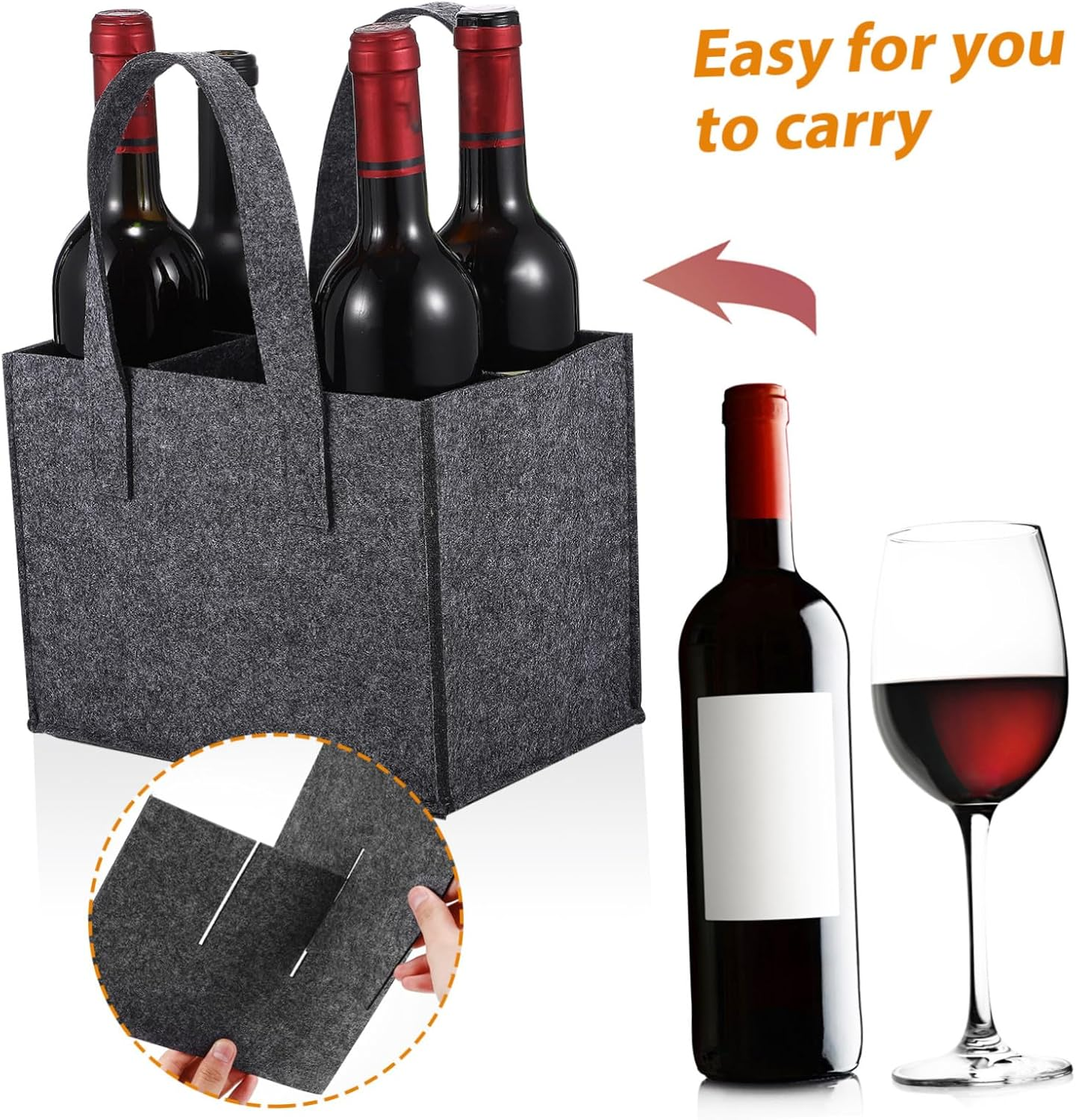 MAGICLULU Felt Wine Bottle Carrier Bag with Divider 6 Bottles Handbag Tote Medium Gray Thick Felt for Travel Camping Picnic 4Pcs image number 4
