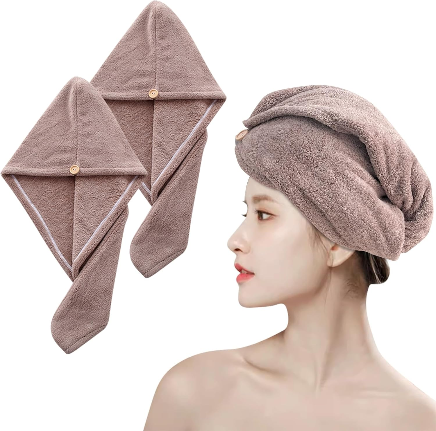 2 Pack Microfiber Hair Towel,Quick Dry Head Wraps Hair Towel Turban Wrap for Women Kids,25.6X9.8 Inch Super Absorbent Fast Hair Drying Towel with Button for Wet Curly Hair(Black) image number 5