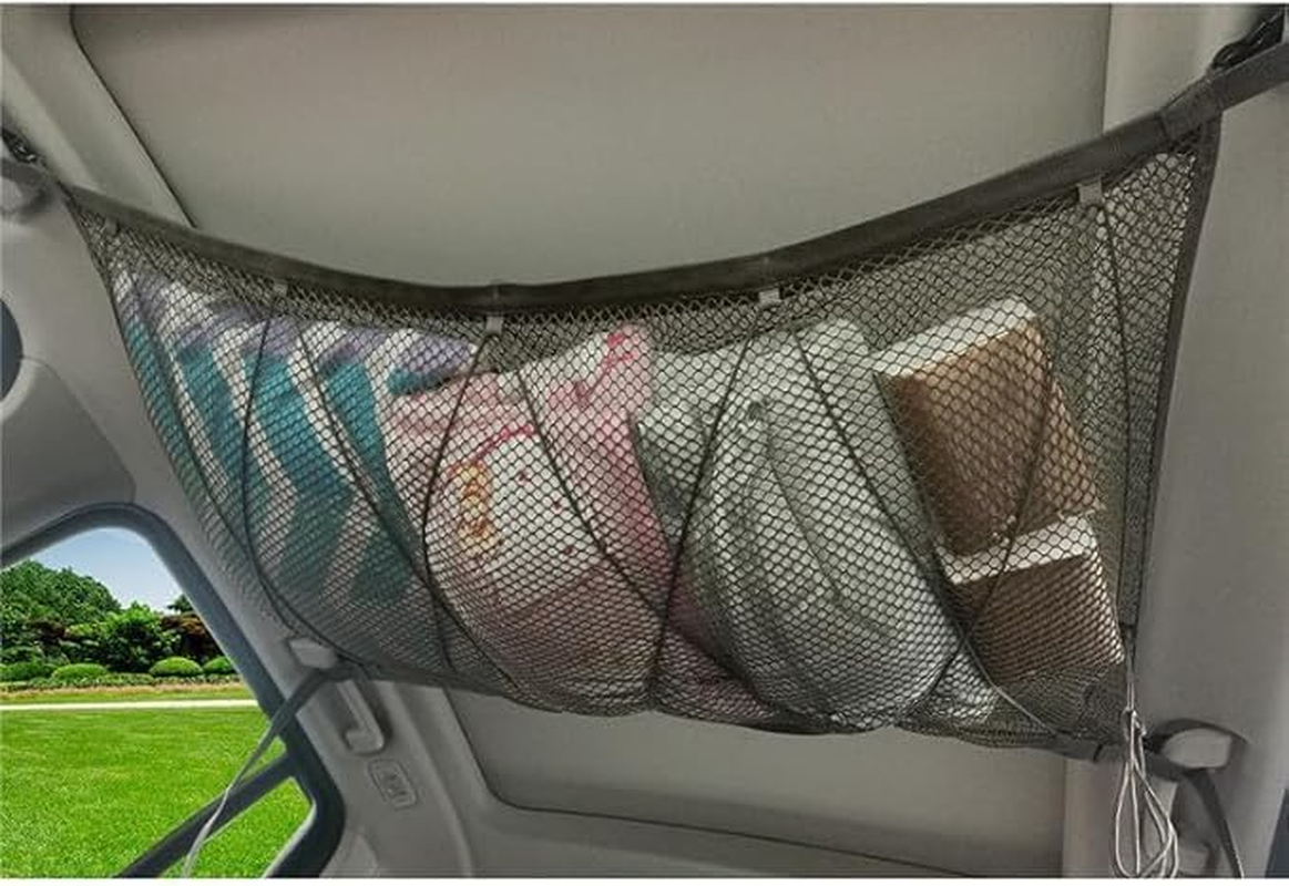 90X65Cm Mesh Car Ceiling Cargo Net SUV Ceiling Storage Net Camping Cargo Net for Tent Putting Quilt Towel Sundries Double-Layer Car Organizer Pocket Adjustable Mesh Storage Bag Long Road Trip (KA) image number 2