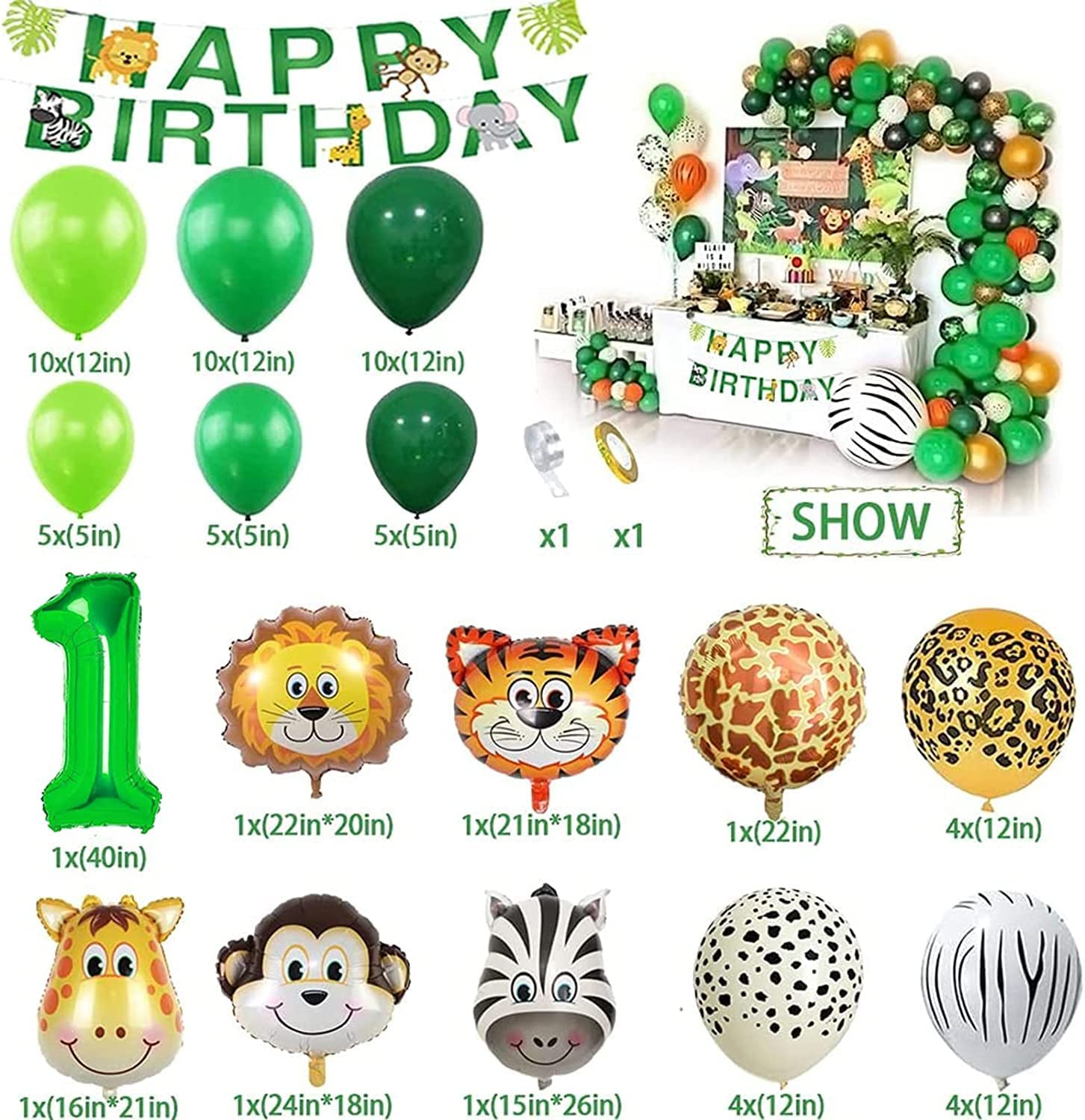 Toddler Jungle Theme Balloon Arch Kit for 1 Year Old Baby Boy Girl, Green Happy Birthday Banner Balloons Garland, Safari Shower Party Supplies Decorations - 64Pcs (1) image number 5