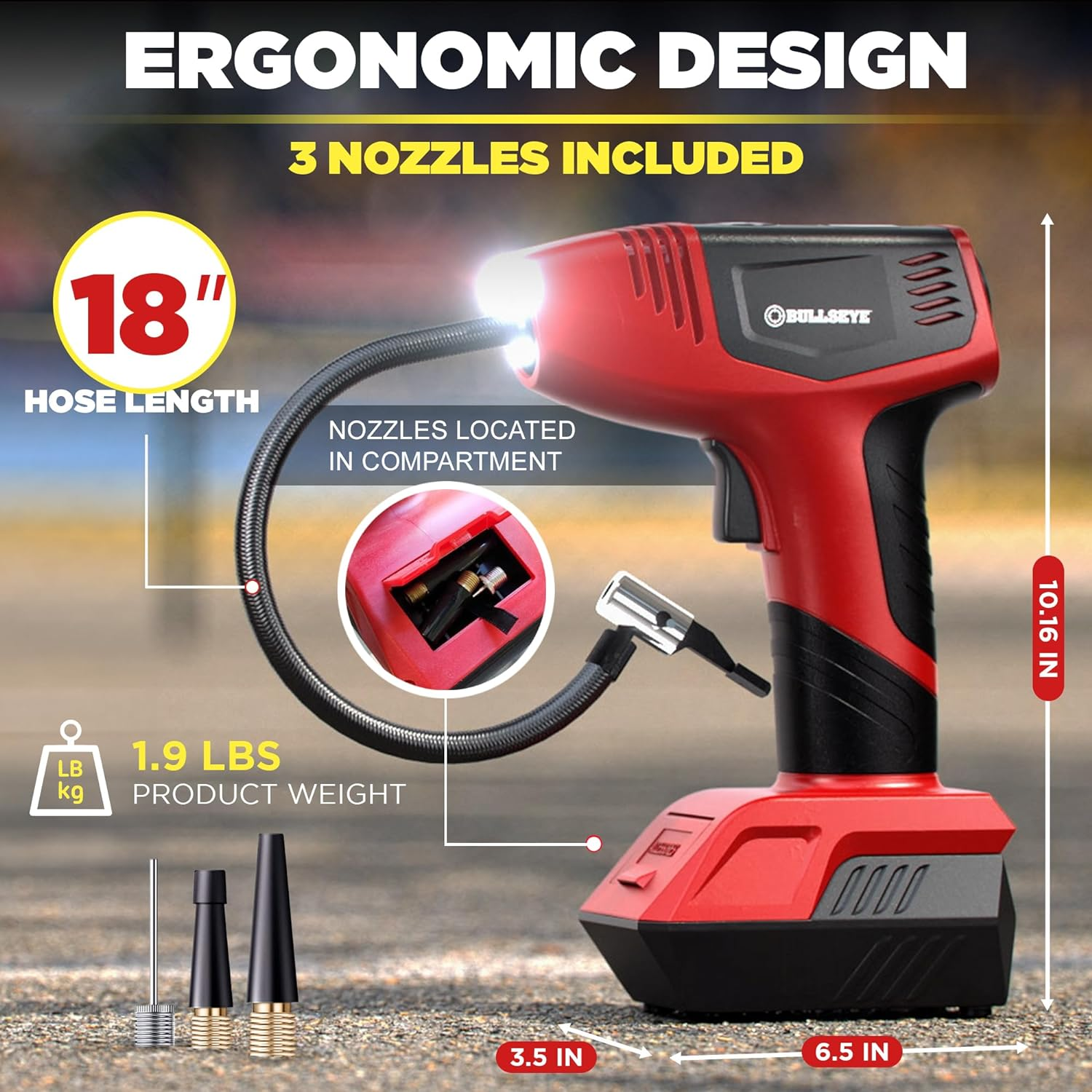 Bullseye Pro Tire Inflator Portable Air Compressor, Car Tire Inflator Portable, Portable Air Pump for Car Tires - 150PSI, 12V DC 1500 Mahs with Tire Pressure Gauge, Rechargeable as Seen on TV (Red)