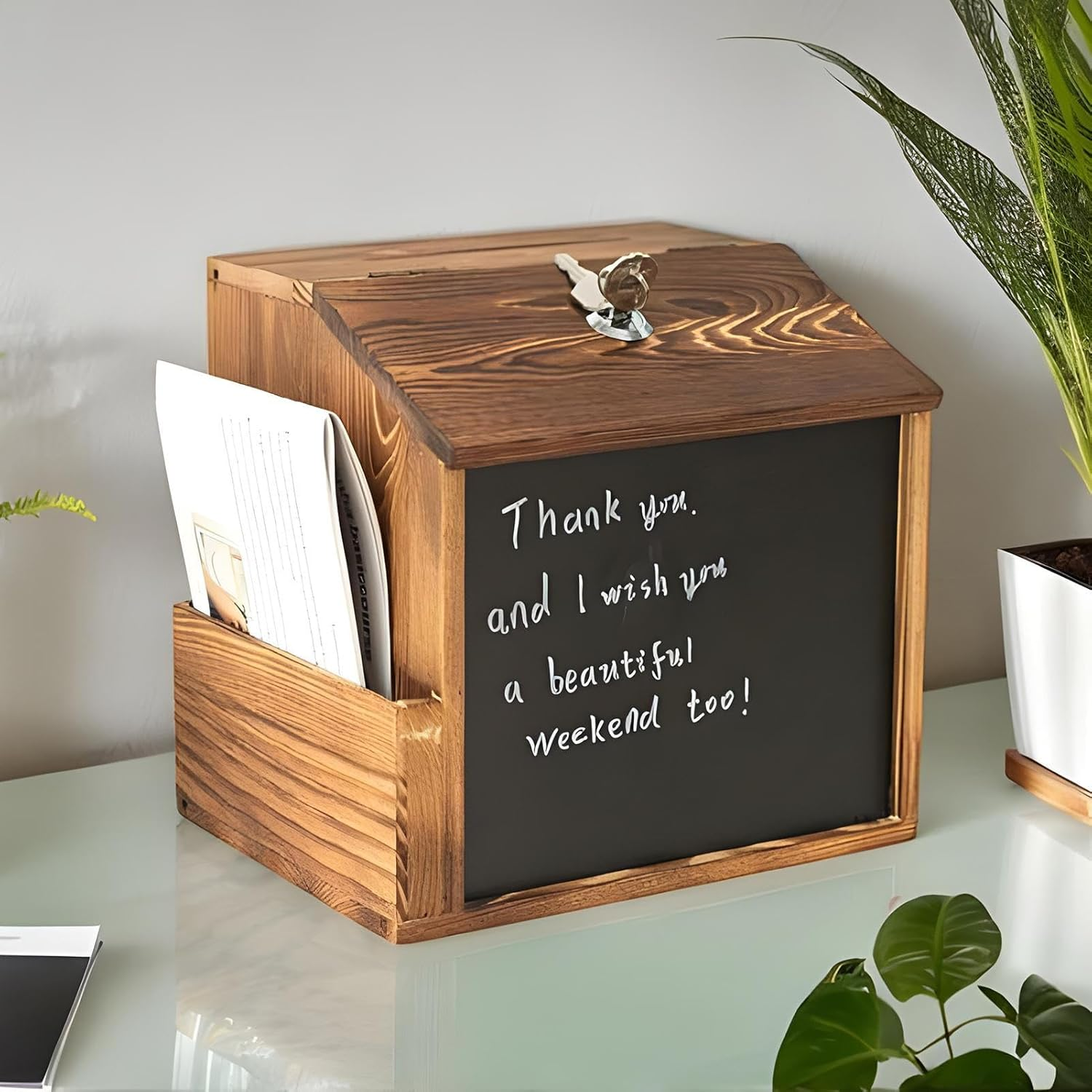 Vgvgaj Suggestion Box - Comment Box - Vintage Wooden Locked Secure Wall Vault Mailbox with Blackboard for Outdoor Fundraising Church image number 1