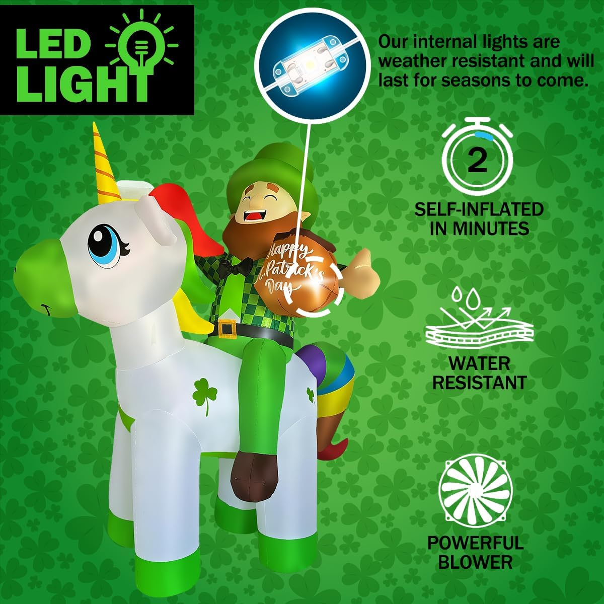 BLOWOUT FUN 6Ft St Patricks Day Inflatables Leprechaun Riding Unicorn Decoration LED Blow up Lighted Decor Indoor Outdoor Holiday Art Decor image number 4