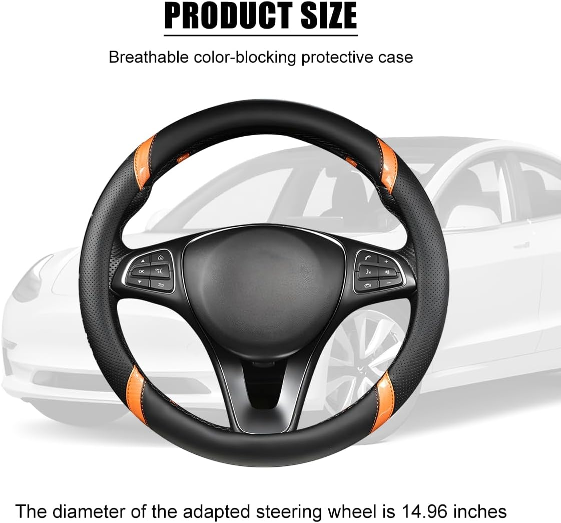 Sandfren Carbon Fiber Car Steering Wheel Cover, 15 Inch Breathable PU Leather Vehicle Steering Wheel Protector with Anti-Slip Lining, Soft Automotive Interior Accessory, Universal Fit (Black/Orange) - Black/Blue image number 2