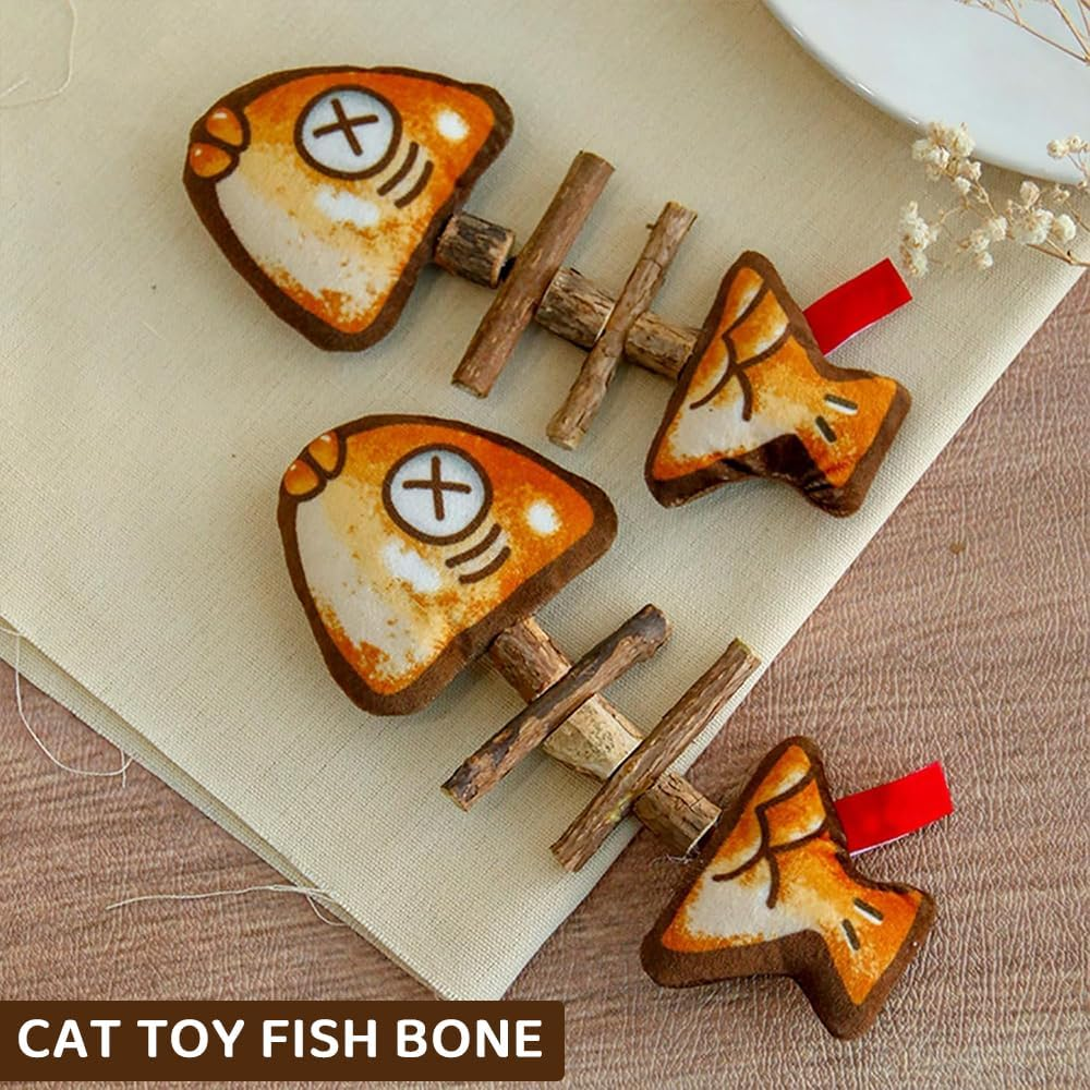 JIUSEGE 2 Pcs Grilled Fishbone Cat Toys &ndash; Bite-Resistant Simulated Fish Chew Toys &ndash; Interactive Plush Teething Toys for Kittens & Cats &ndash; Wooden Fish Shape Design image number 3