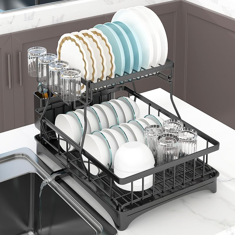 2 Tier Dish Drying Rack, Stainless Steel Dish Rack with Rotating Drainer Board, Durable Large Plate Rack with Cutlery Holder and Cup Rack for Kitchen Storage & Organisation (Black-02) image number 2