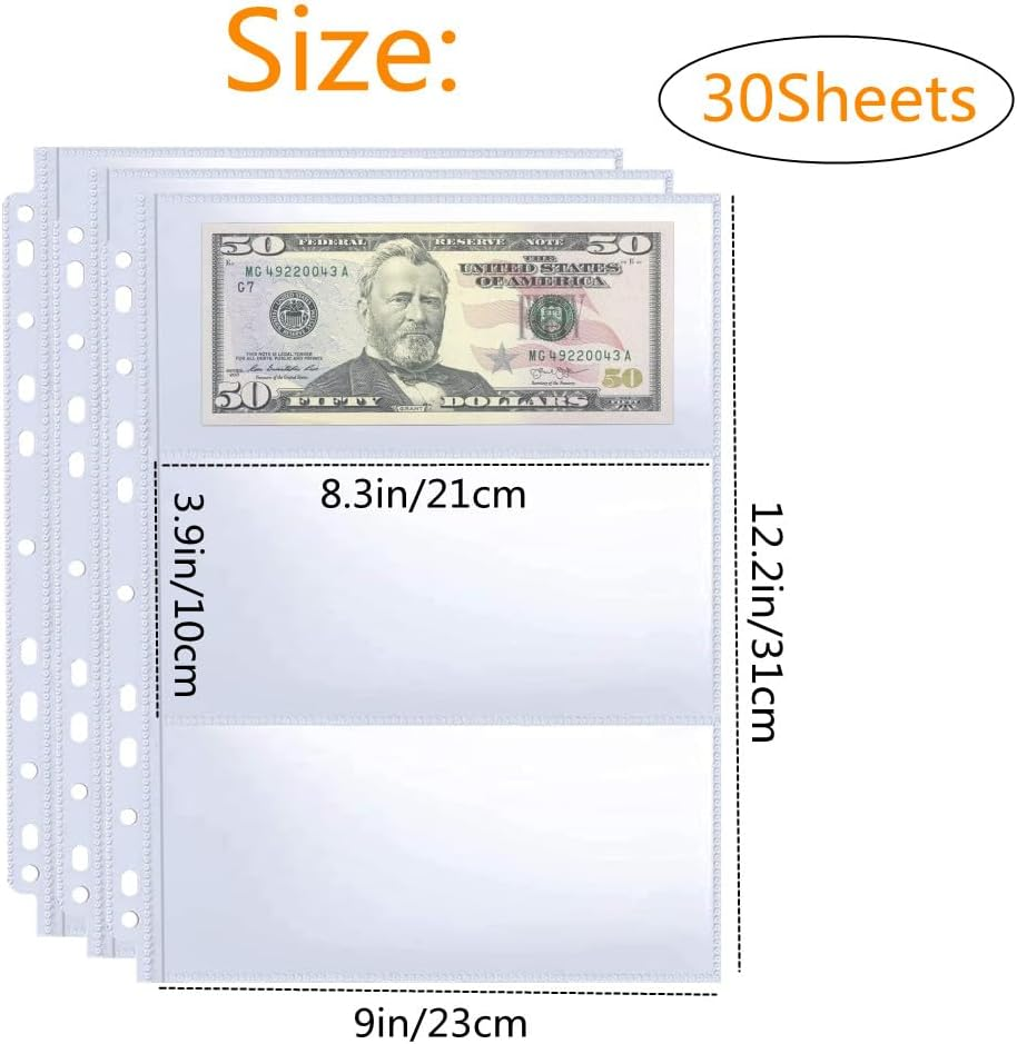 30Pcs Paper Money Collection Supplies Pages，3 Pockets 11 Hole Currency Collection Sleeves,Bill Banknotes Protector Pages for Collectors, Foreign Currency Stamp Paper Souvenirs Storage image number 3
