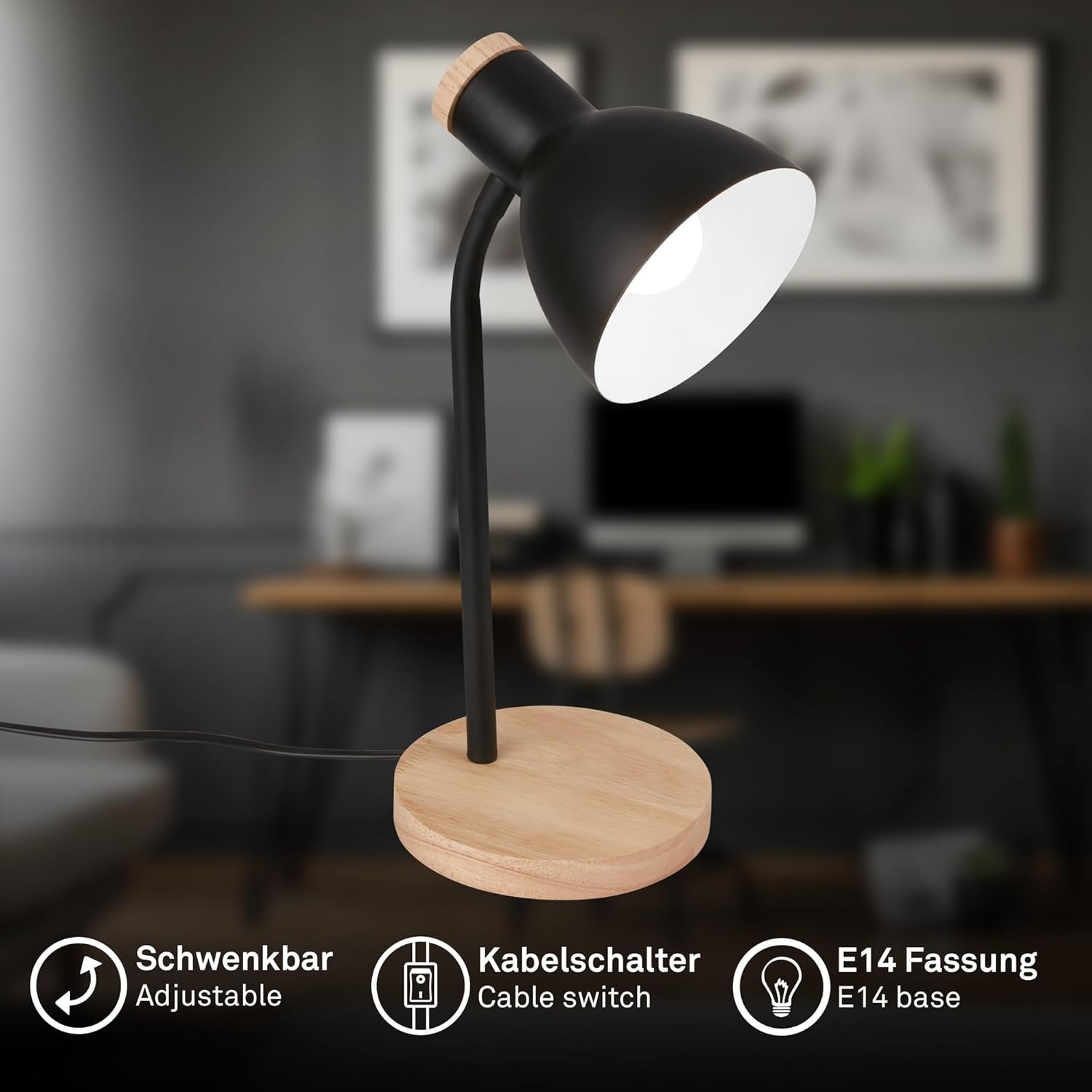 BRILONER - Bedside Lamp with Cable Switch, Rotatable, E14, Max. 10W, Table Lamp, Desk Lamp, Desk Lamp, Reading Lamp, Reading Lamp, 14 X 38 Cm, Black Wood image number 4