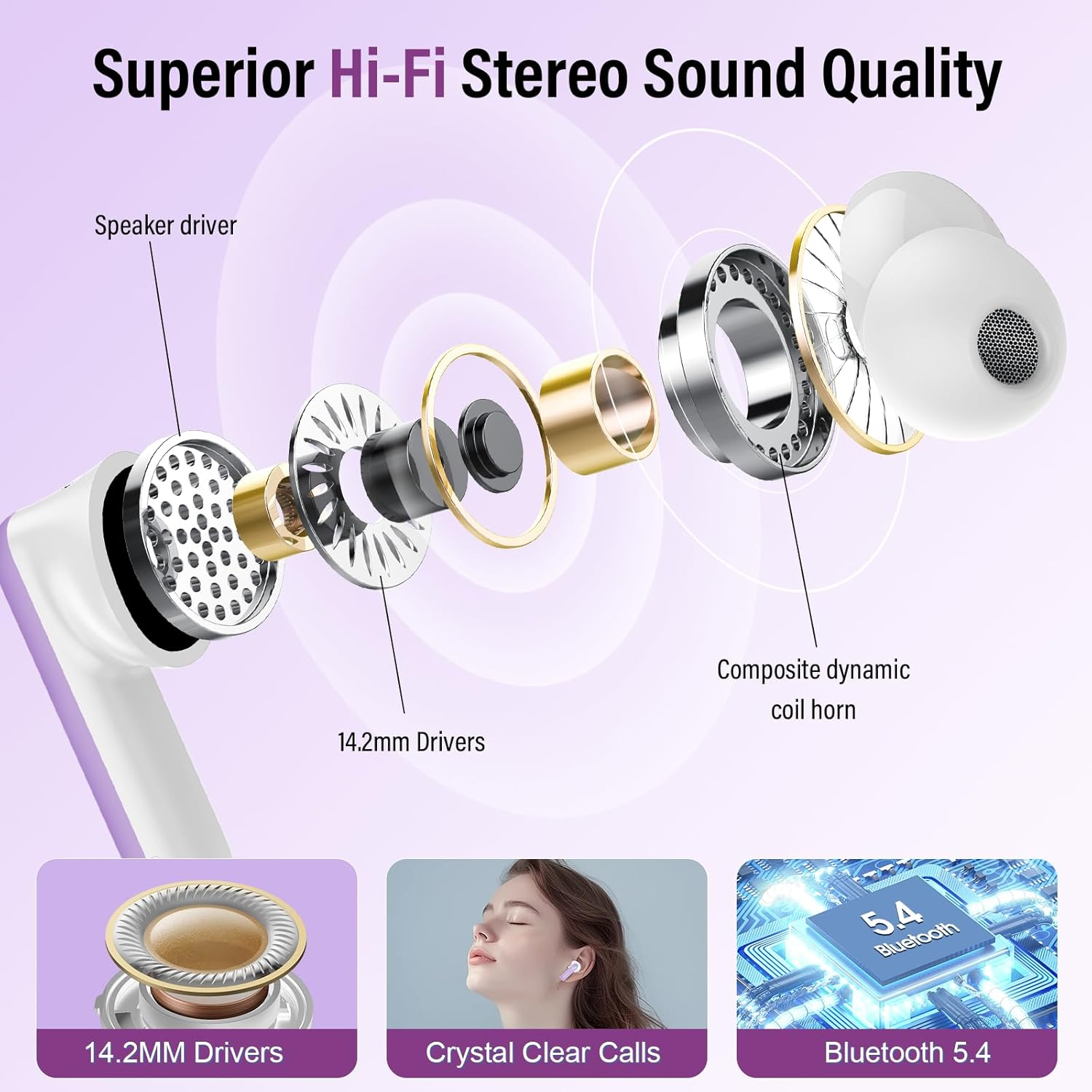 Thunelec Touchscreen Headphones, 48 Hours Immersive Deep Bass Earbuds Black Purple image number 6