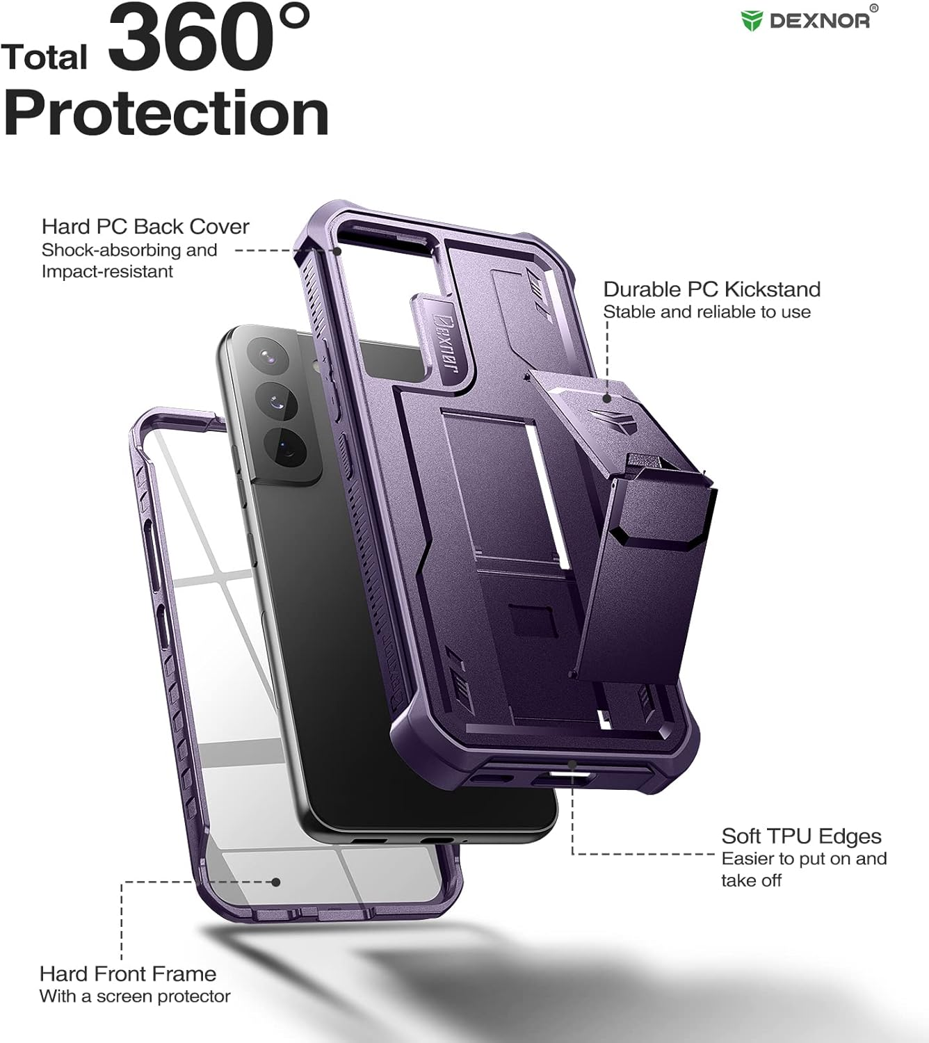 Dexnor Compatible with Samsung Galaxy S22 5G Case with Built-In Screen Protector Military-Grade 360 Full Body Shockproof Bumper Protection Cover with Stand - Phantom Purple image number 6