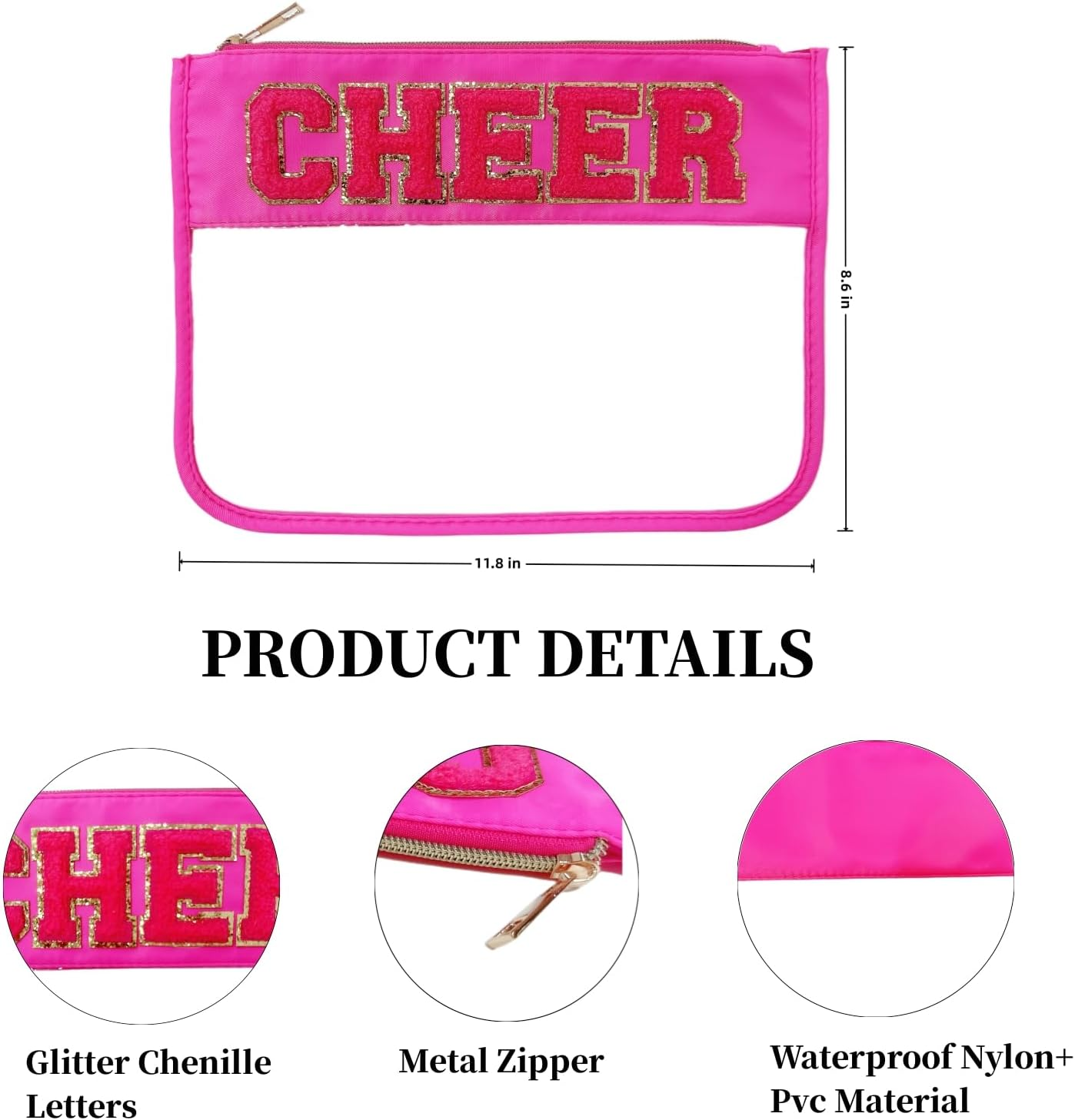 Clear Makeup Letter Bag Chenille Glitter Varsity Letter Patch Zipper Toiletry Pouch Travel Beach Summer Pool Bag Gifts for Women Girls(Beach-Blue), Cheer-Hot Pink